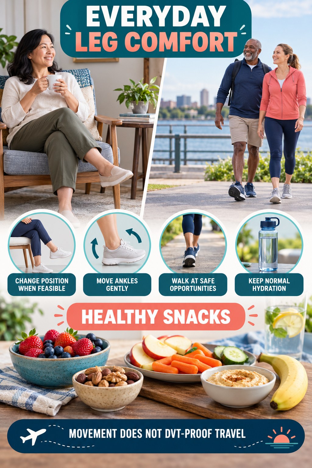 Travel Leg Comfort infographic for Healthy Snacks with five gentle movement, position, footwear, recovery, or safety actions.
