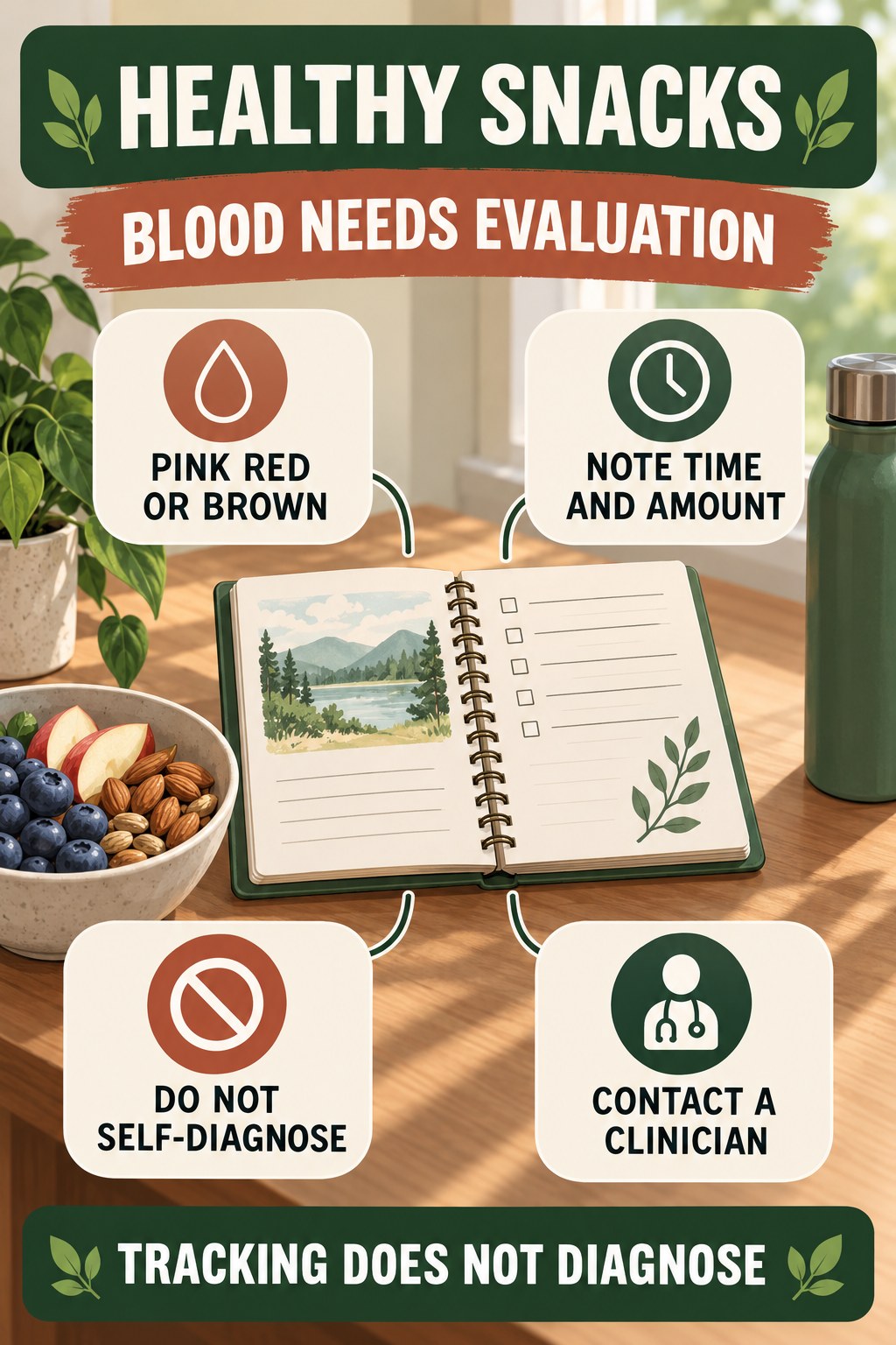 Treat Blood in Urine as a Medical Signal urinary symptom tracking infographic for Healthy Snacks with four practical diary points and a non-diagnostic reminder.