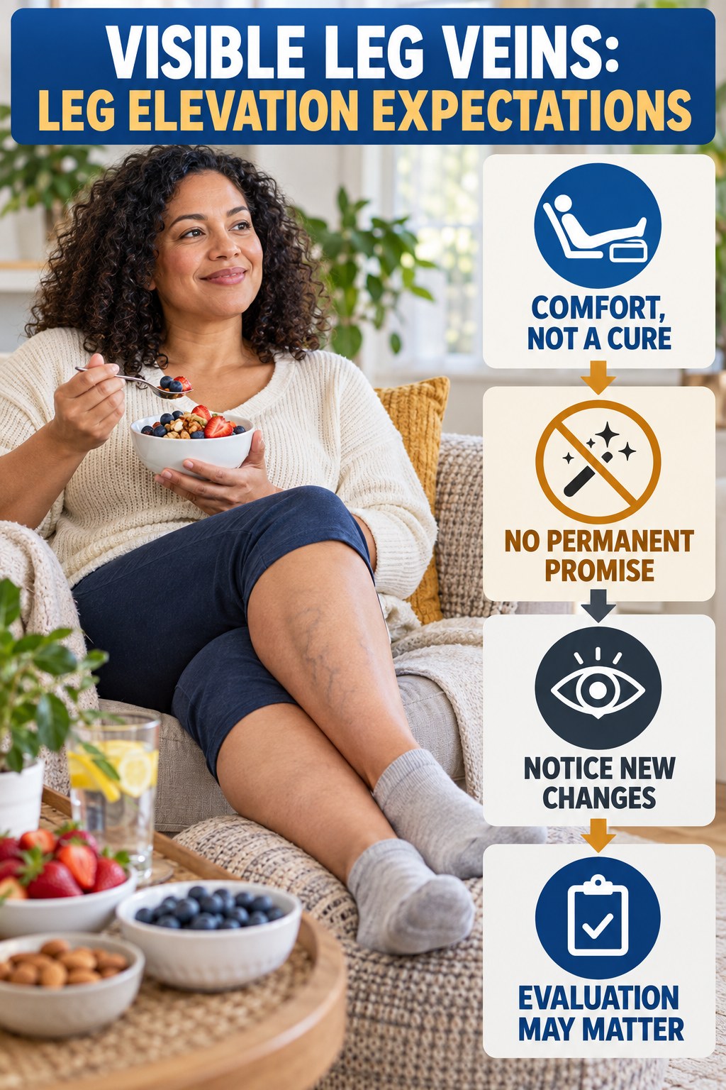 Leg Elevation Expectations infographic for Healthy Snacks, showing body-neutral visible-leg-vein appearance care and the boundary between temporary cosmetic support and treatment.
