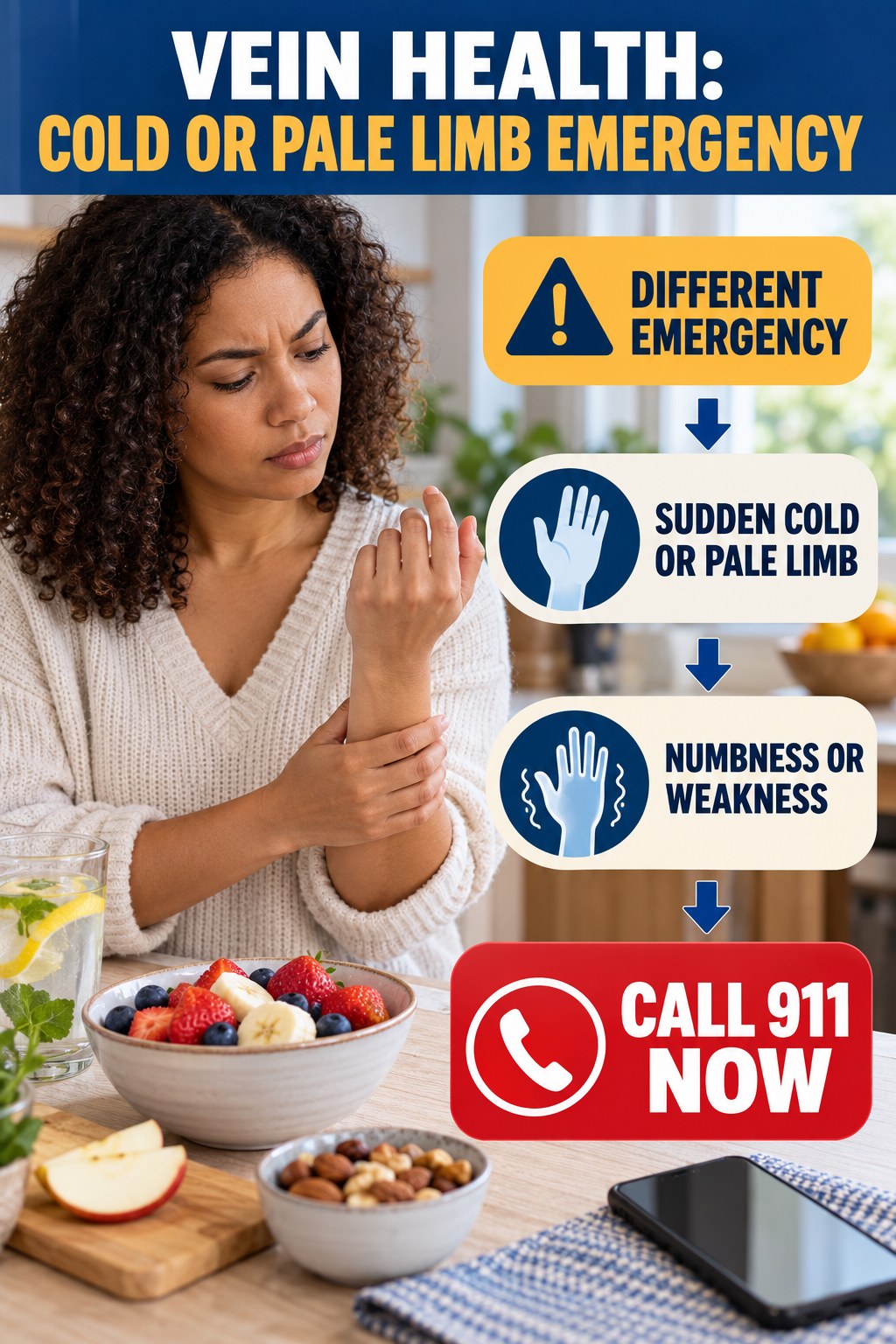 Cold or Pale Limb Emergency infographic for Healthy Snacks, explaining vein-health warning signs and the appropriate next action without diagnosing a condition.