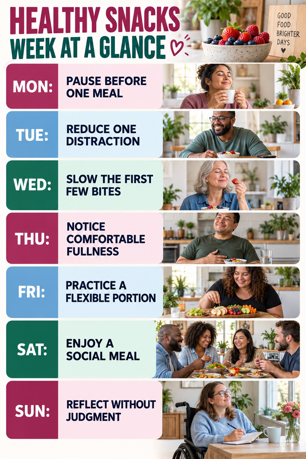Weekly Healthy Snacks plan graphic with concise Monday-to-Sunday actions and flexible recovery guidance.