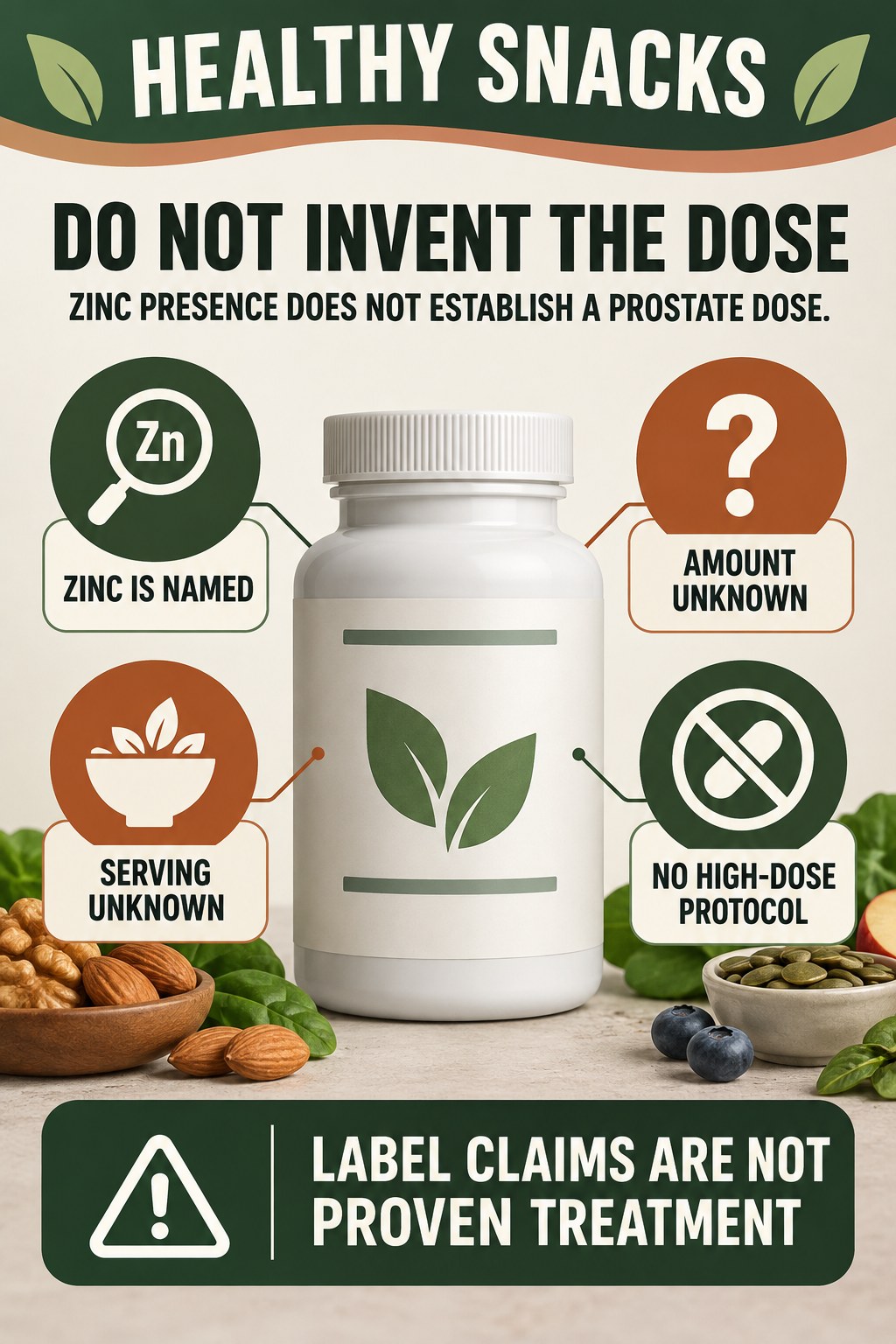 Zinc Presence Does Not Establish a Prostate Dose prostate supplement label-literacy infographic for Healthy Snacks with four careful reading points.