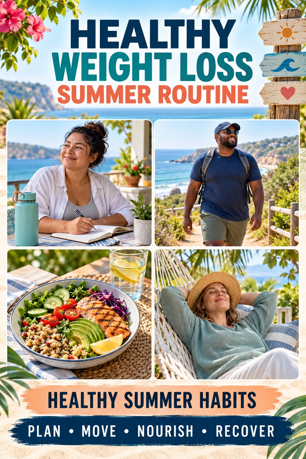 Healthy Weight Loss summer routine graphic titled Healthy Summer Habits with four practical wellness prompts.