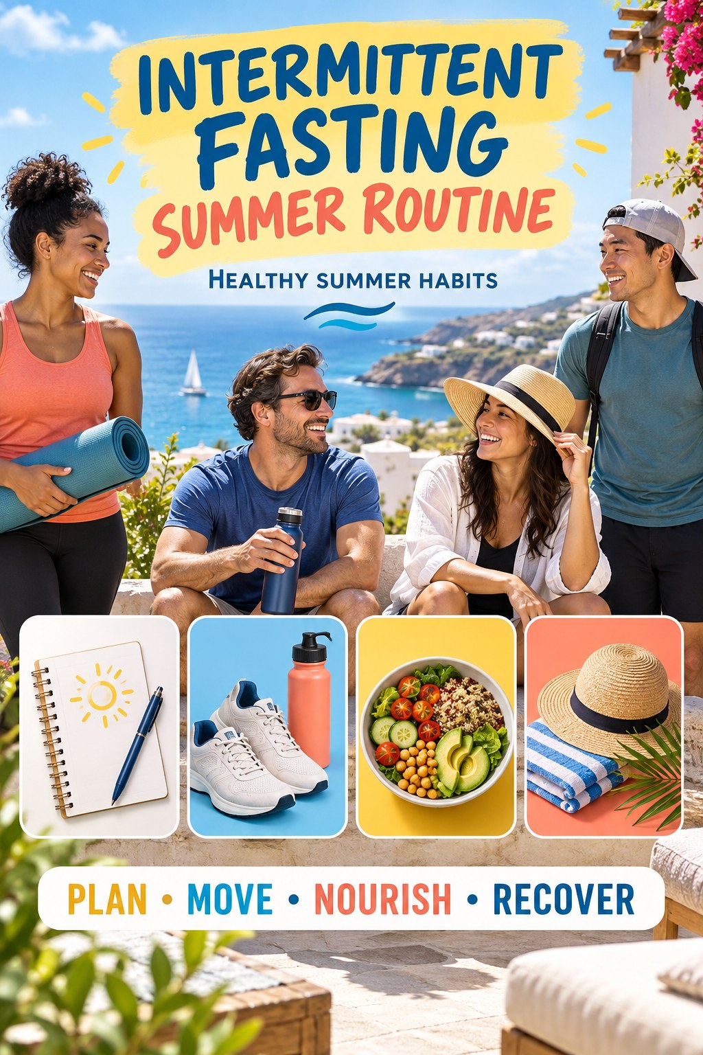 Intermittent Fasting summer routine graphic titled Healthy Summer Habits with four practical wellness prompts.