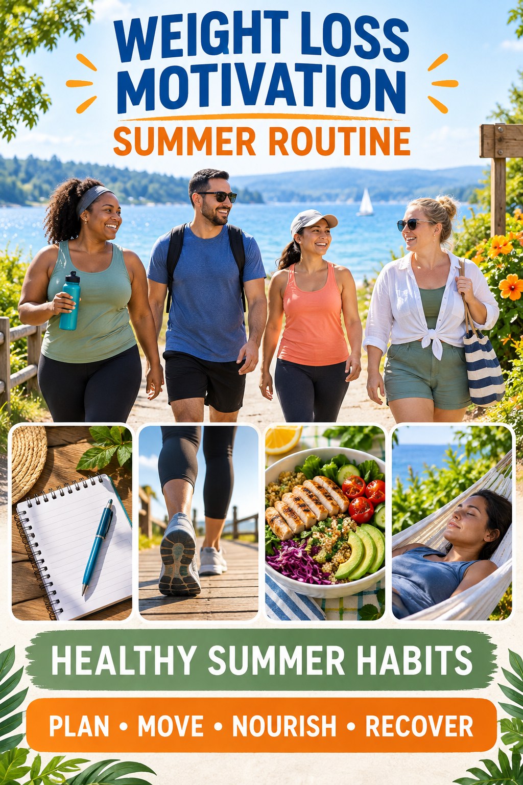 Weight Loss Motivation summer routine graphic titled Healthy Summer Habits with four practical wellness prompts.