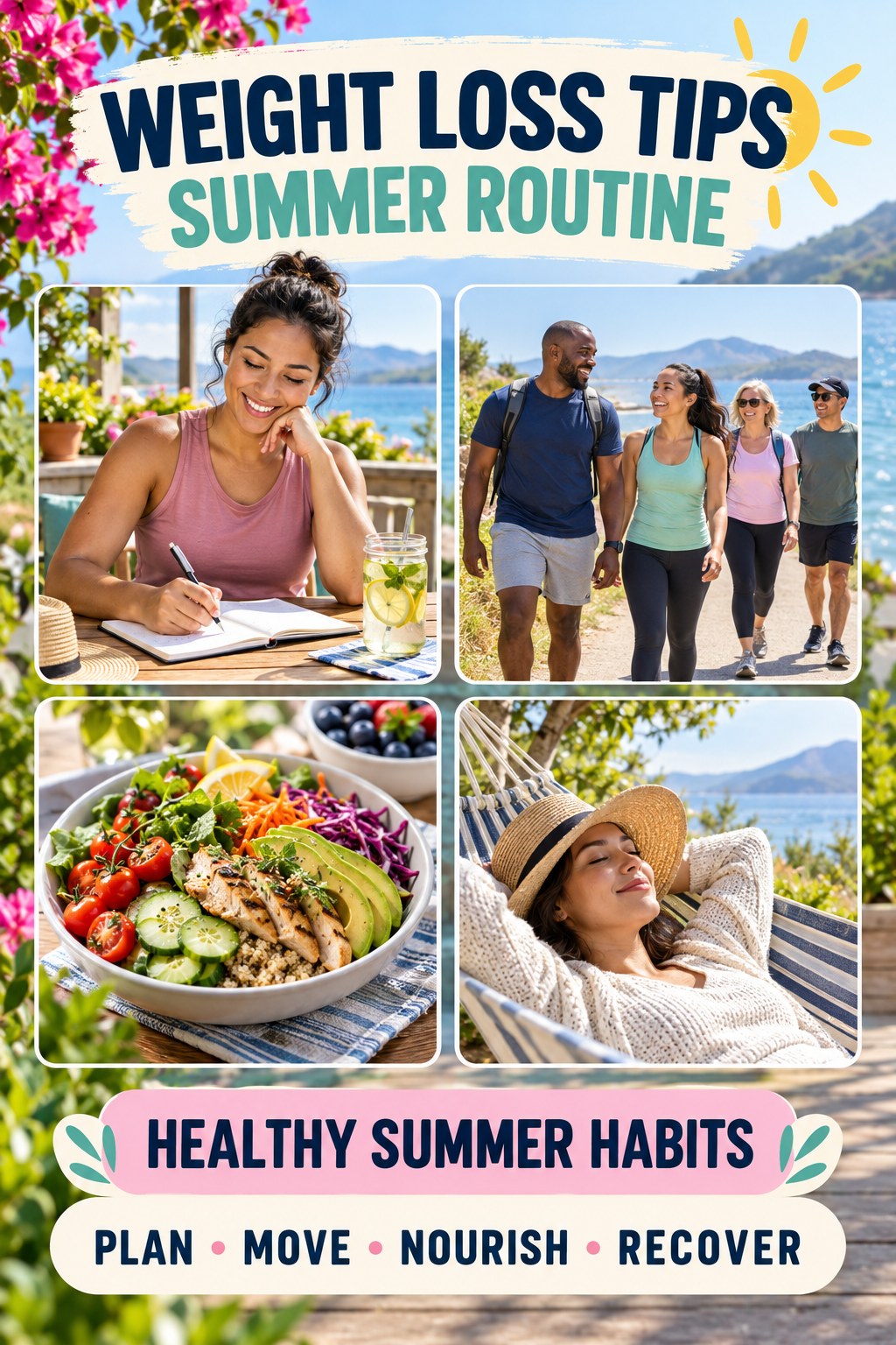 Weight Loss Tips summer routine graphic titled Healthy Summer Habits with four practical wellness prompts.