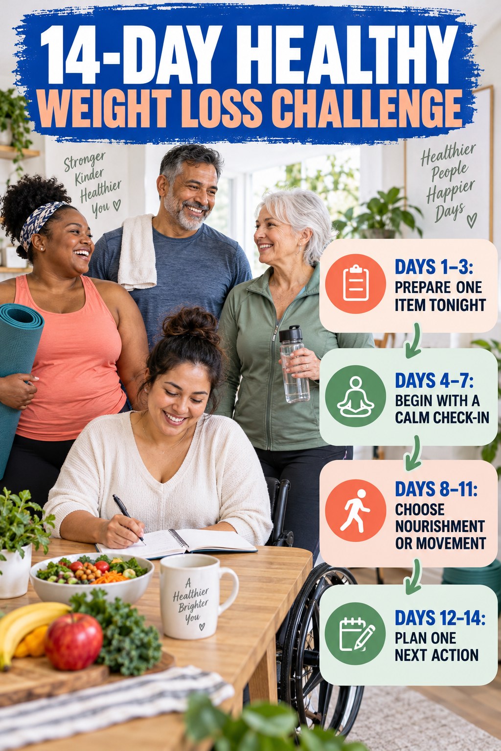 14-day Healthy Weight Loss challenge graphic showing four manageable milestones for consistent practice.