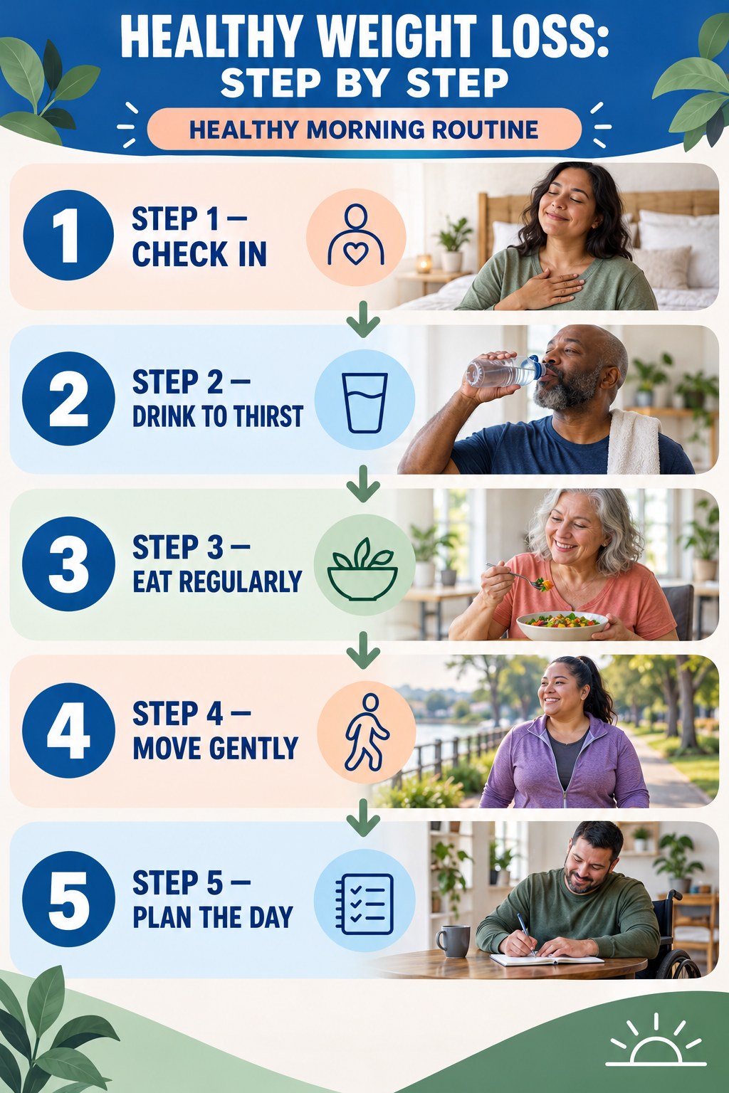 Healthy Weight Loss step-by-step graphic showing five numbered stages for healthy morning routine.