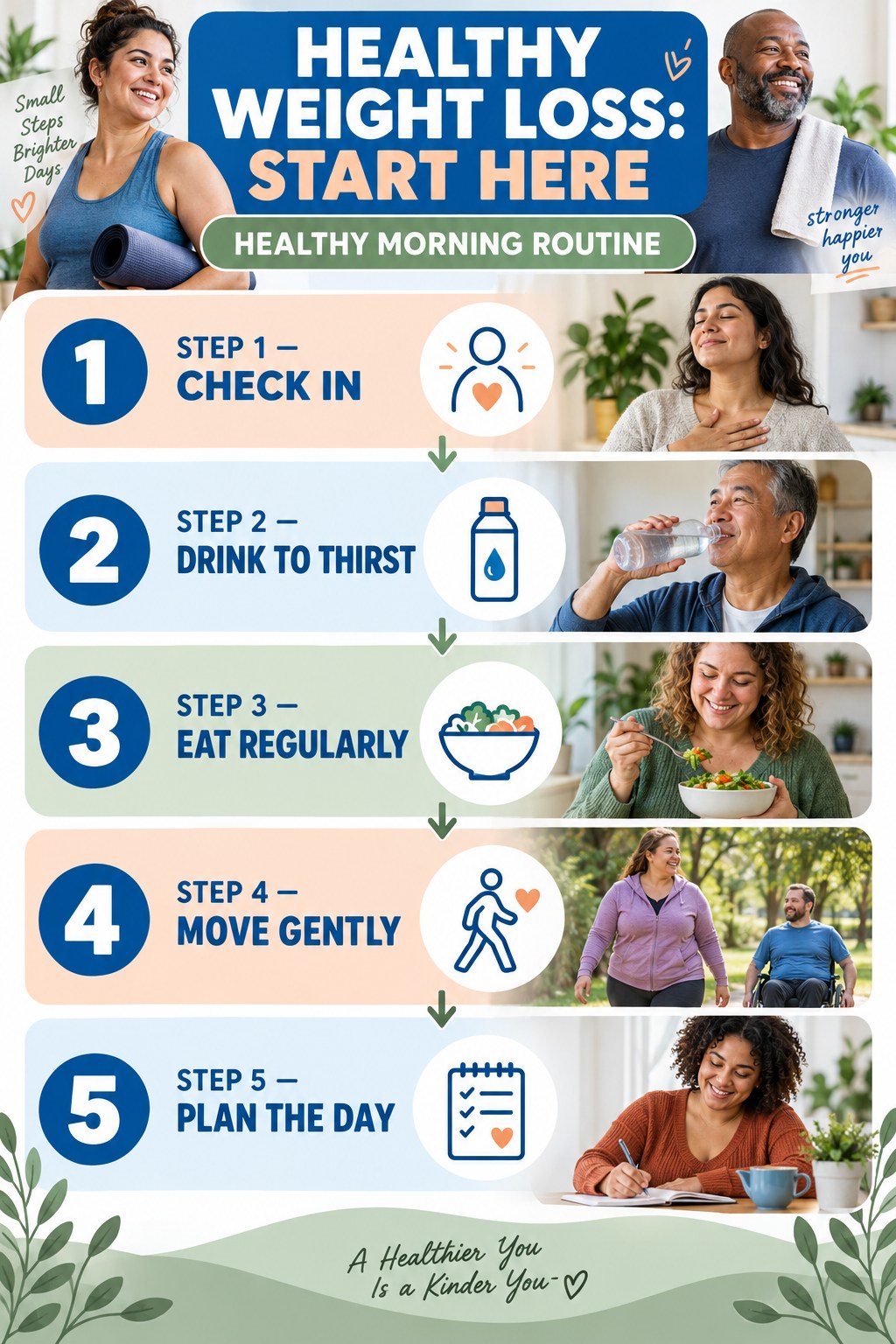 Healthy Weight Loss beginner guide graphic showing five manageable stages for healthy morning routine.