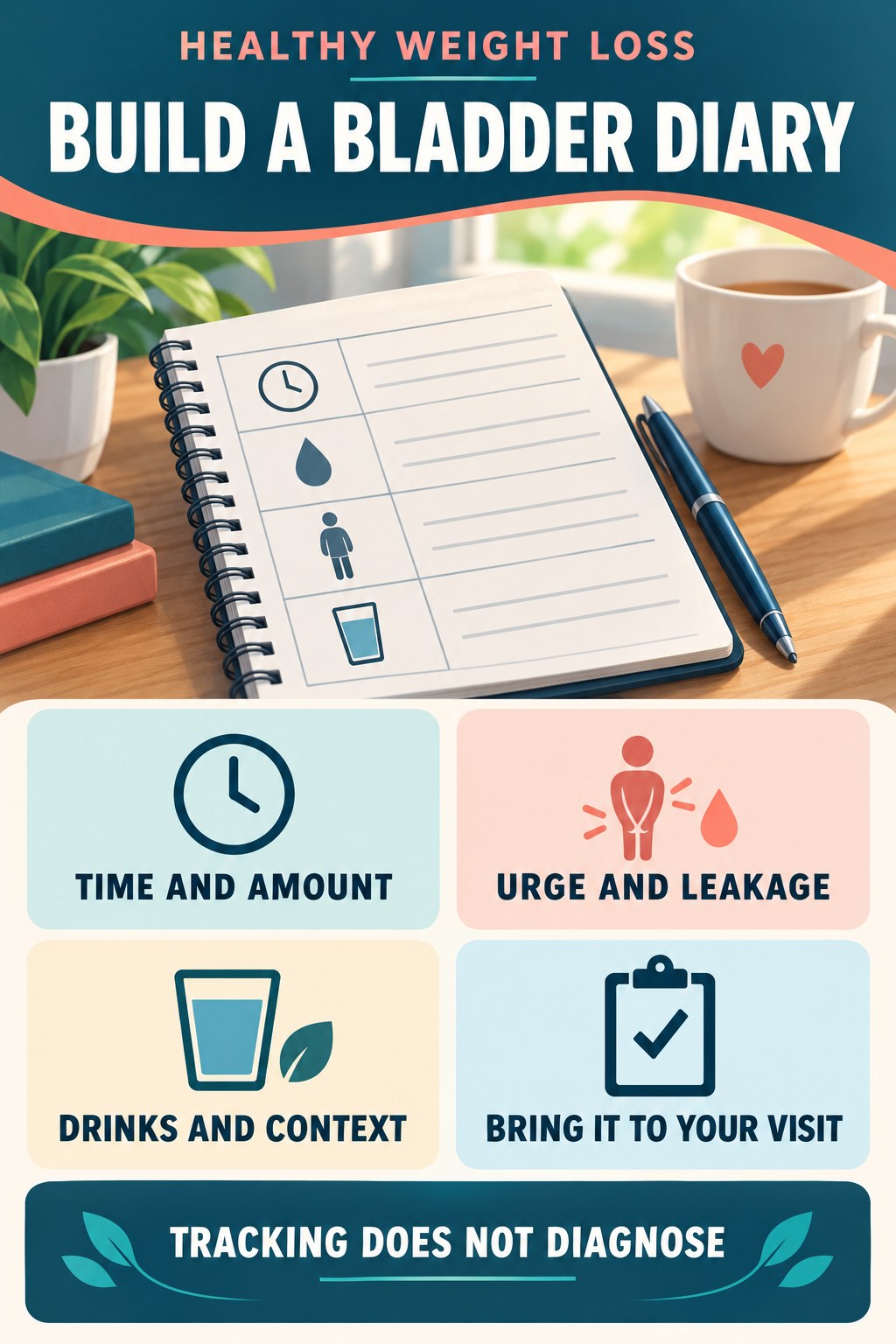 Build a Clear Bladder Diary urinary symptom tracking infographic for Healthy Weight Loss with four practical diary points and a non-diagnostic reminder.