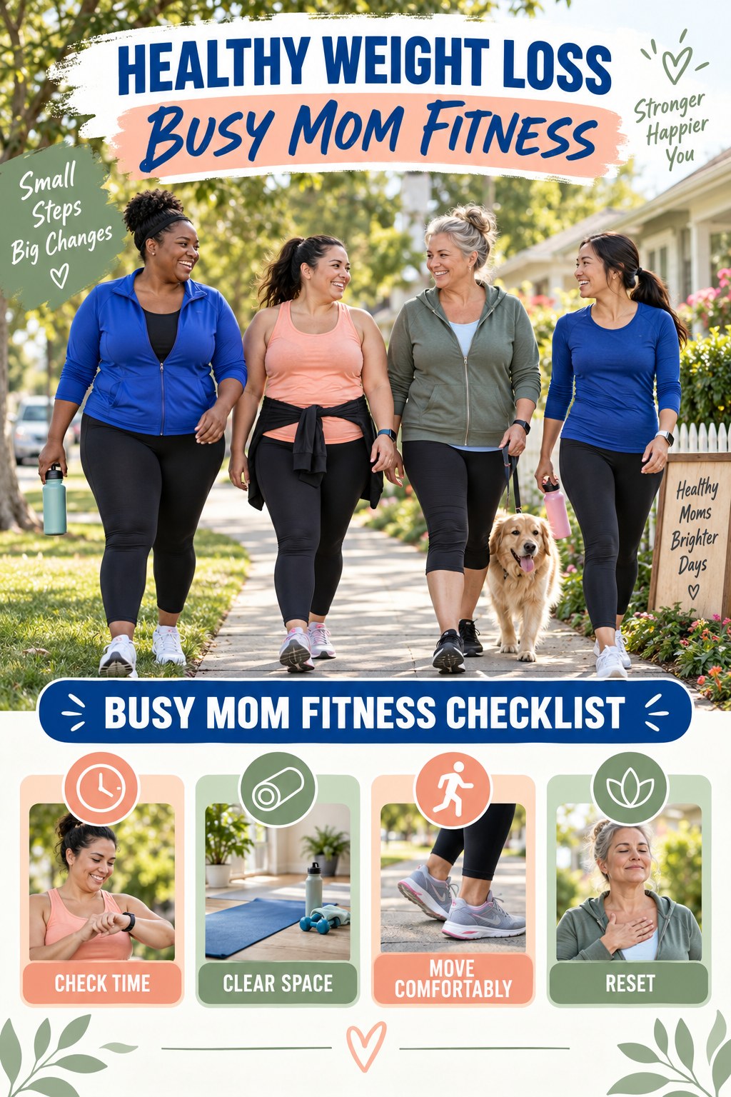 Healthy Weight Loss busy-mom fitness graphic titled Busy Mom Fitness Checklist with four practical movement prompts.