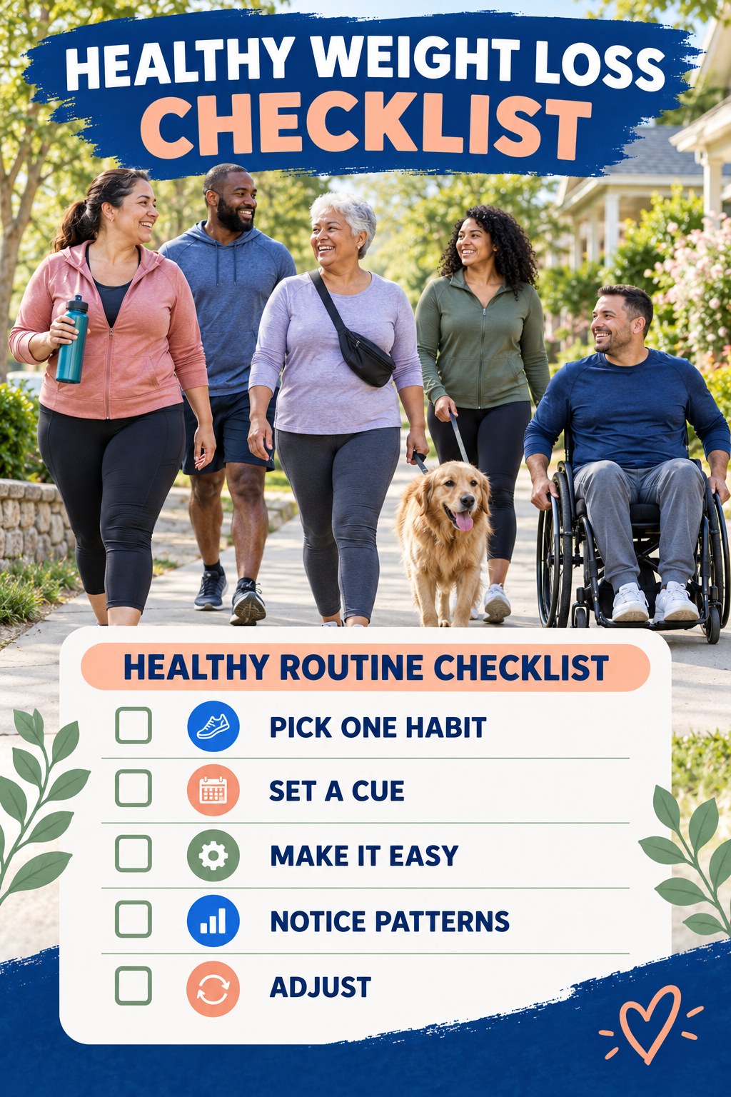 Healthy Weight Loss checklist graphic titled Healthy Routine Checklist with five clear practical wellness items.