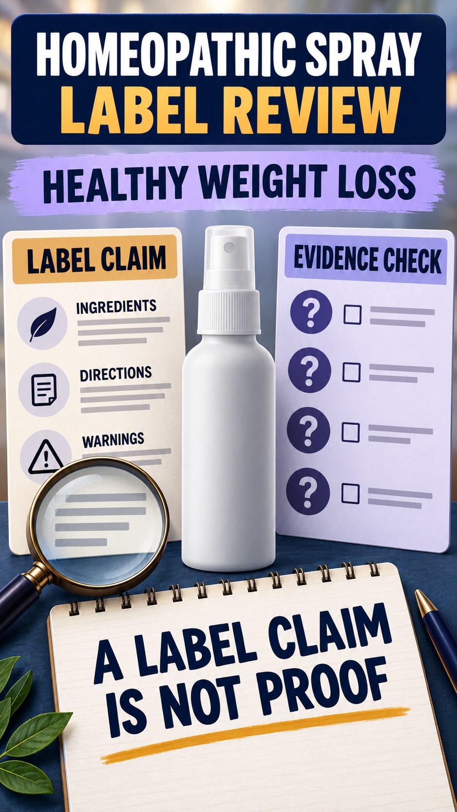 Claim Versus Evidence Review infographic for Healthy Weight Loss, showing a generic spray-label checklist that separates available facts, missing details, and evidence questions.