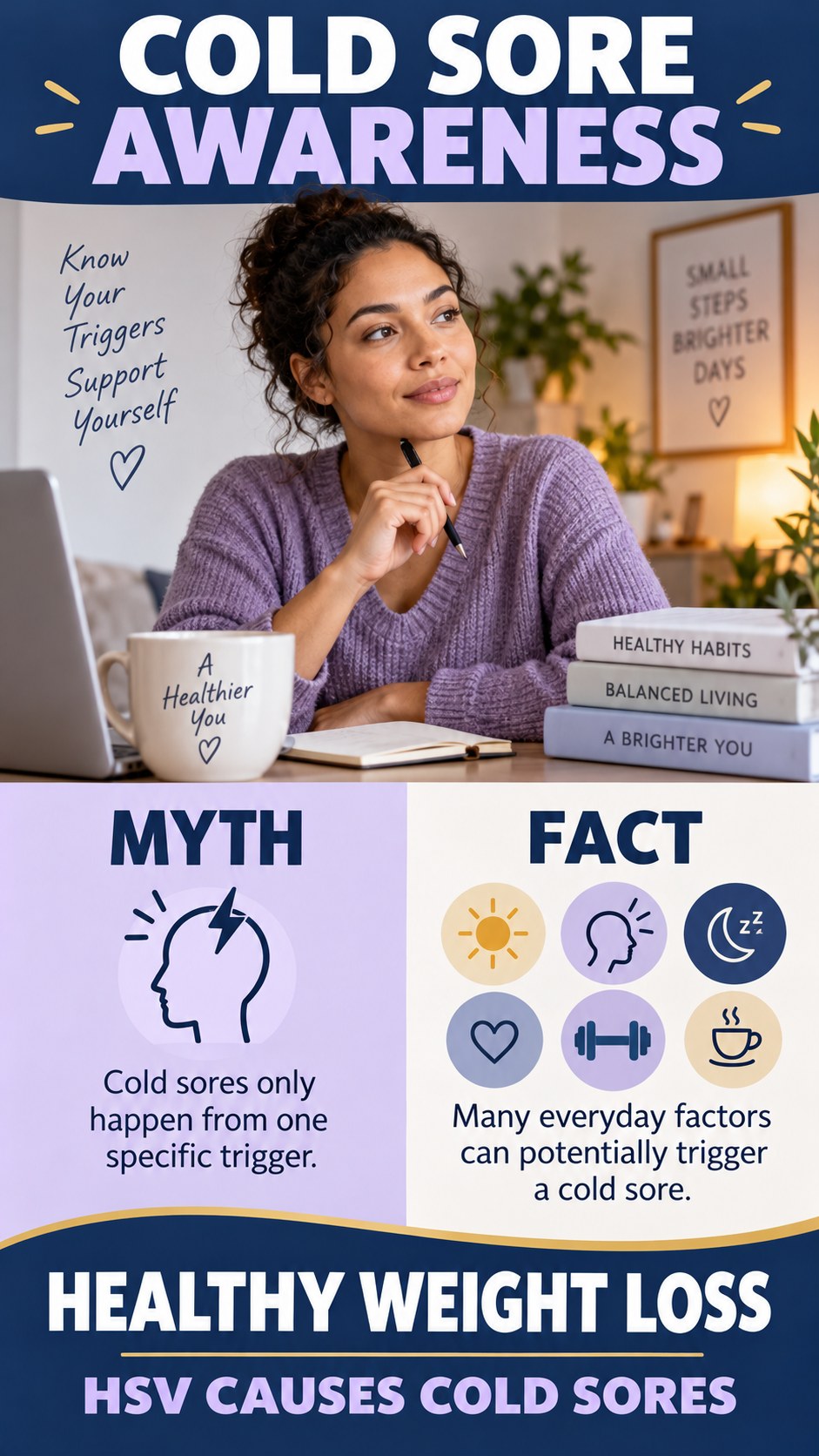 Cold Sore Myth Versus Fact infographic for Healthy Weight Loss, explaining that possible cold-sore triggers vary by person.