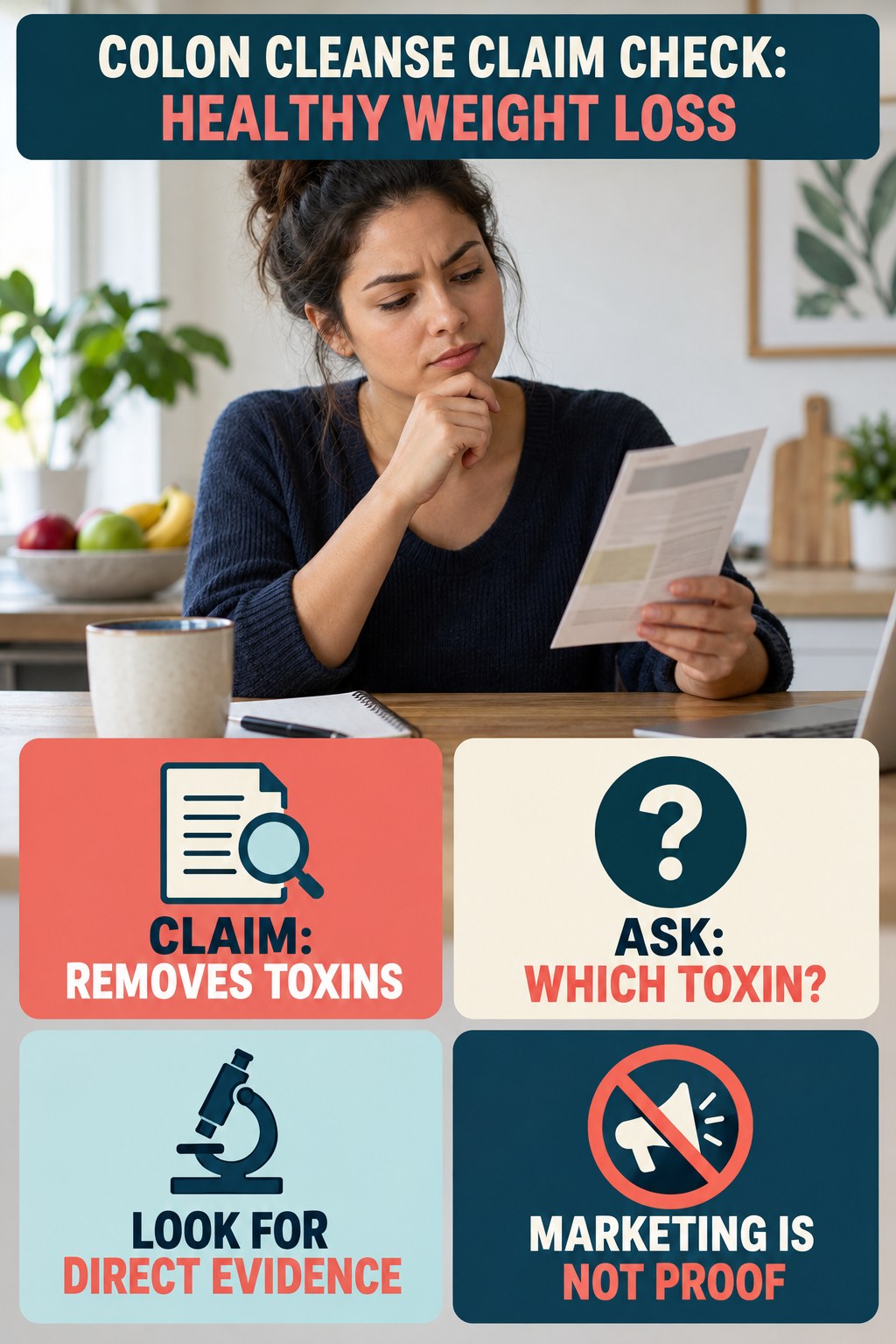Undefined Toxin Claims infographic for Healthy Weight Loss, separating a colon-cleanse marketing claim from evidence, reasonable conclusions, and safety context.