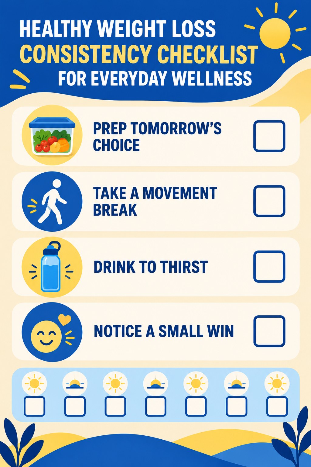 Healthy Weight Loss Consistency Checklist for Everyday Wellness infographic with checkboxes for prep tomorrow’s choice, take a movement break, drink to thirst, notice a small win.