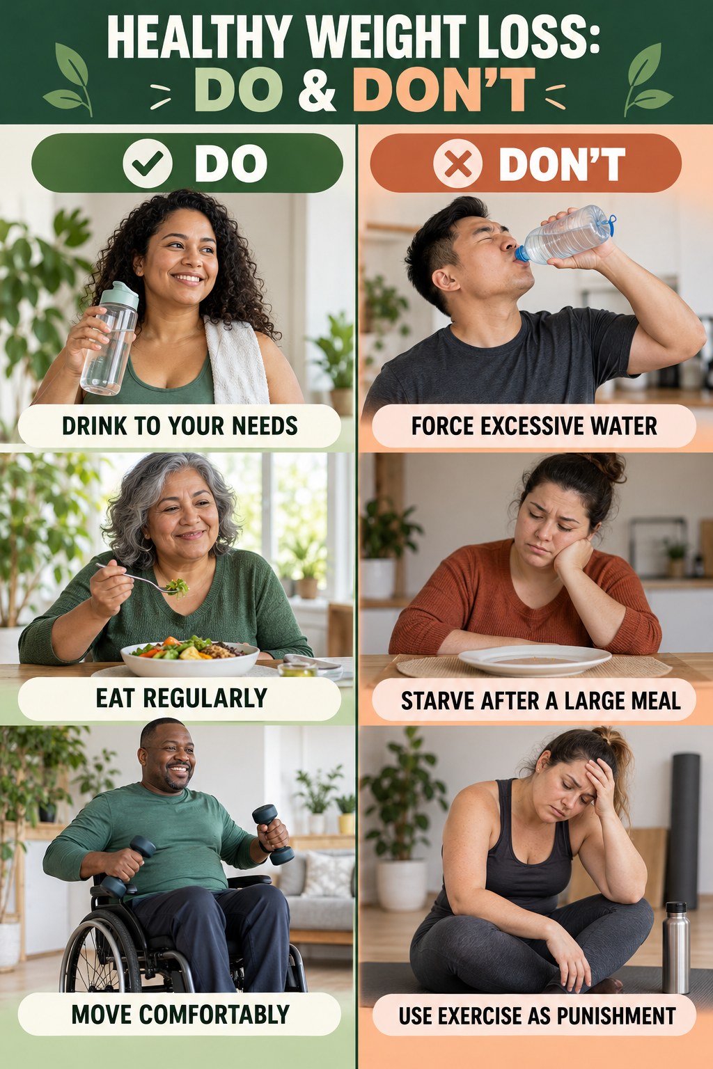 Healthy Weight Loss Do and Don’t comparison graphic showing three practical behavior pairs for sustainable habits.