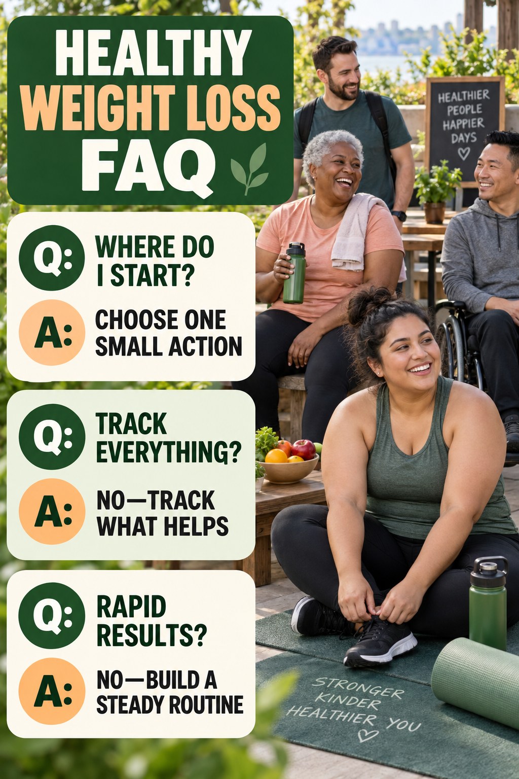 Healthy Weight Loss FAQ graphic with three concise questions and practical answers for beginners.