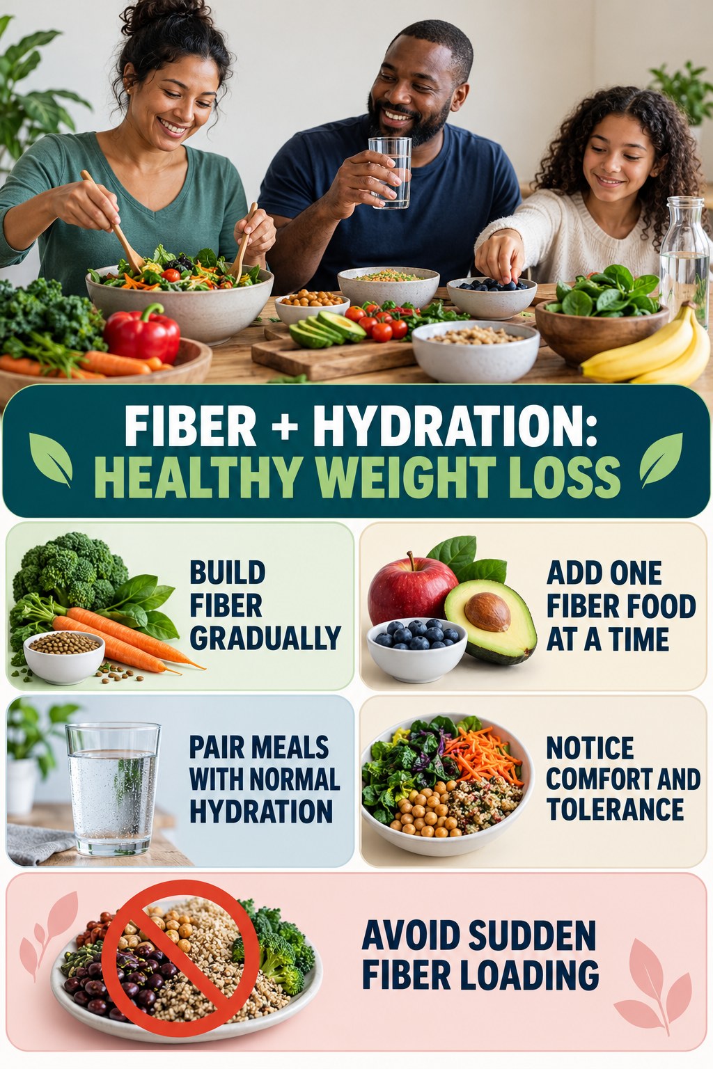 Build Fiber Gradually infographic for Healthy Weight Loss, showing gradual food-first fiber, appropriate hydration, realistic bowel routines, and safe warning boundaries.