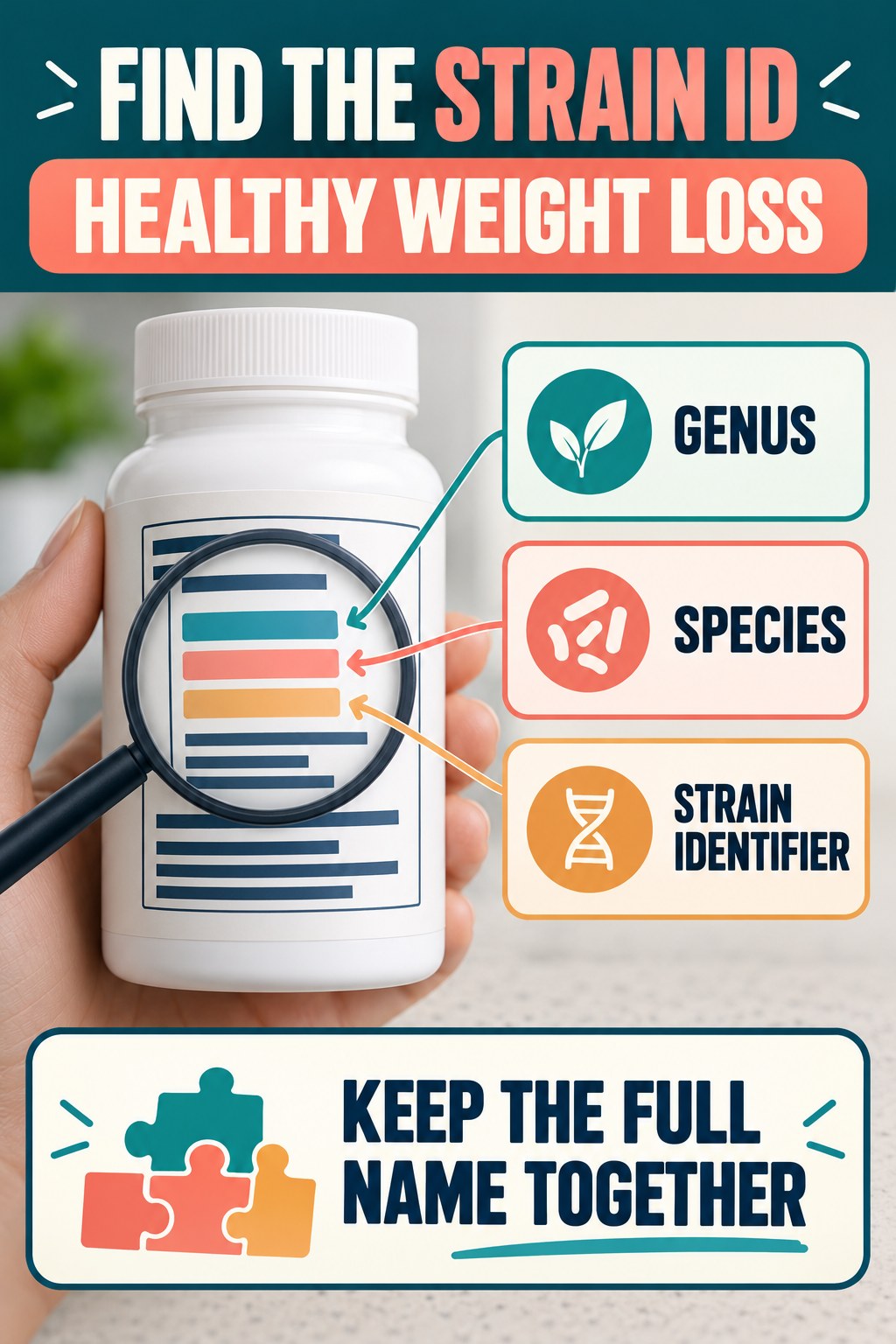 Find the Strain Identifier on a Probiotic Label infographic for Healthy Weight Loss with four concise probiotic-label reading points.