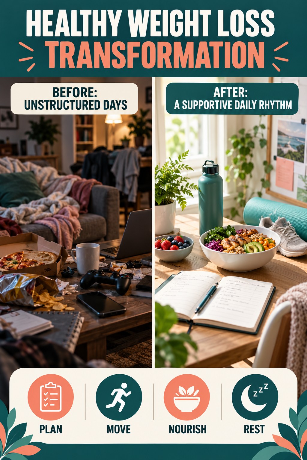 Healthy Weight Loss habit transformation graphic comparing unstructured days with a supportive daily rhythm using four practical steps.