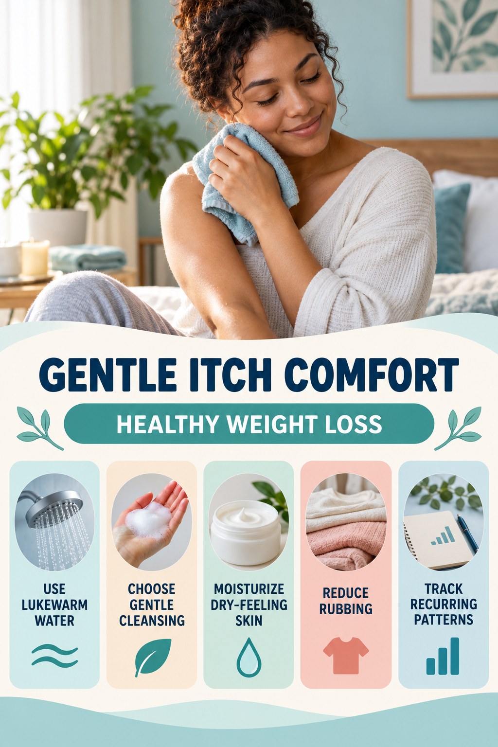 Gentle Everyday Comfort Routine infographic for Healthy Weight Loss with five gentle itchy-skin comfort strategies and a non-diagnostic safety focus.