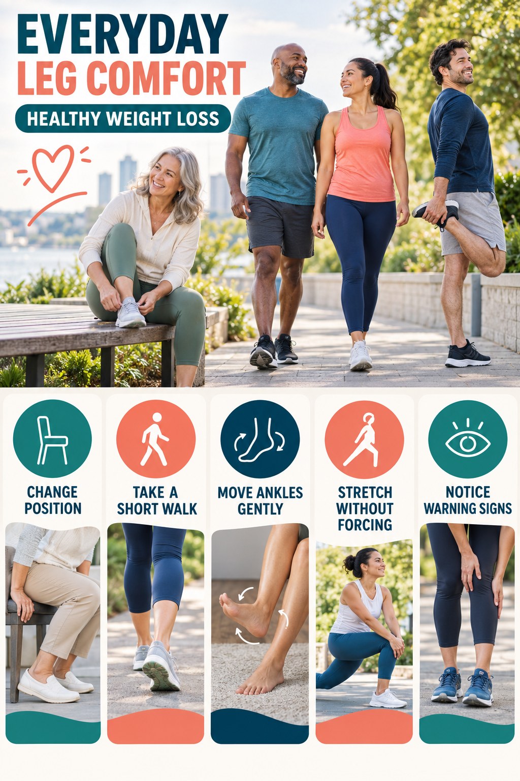 Gentle Everyday Leg Comfort infographic for Healthy Weight Loss with five gentle movement, position, footwear, recovery, or safety actions.