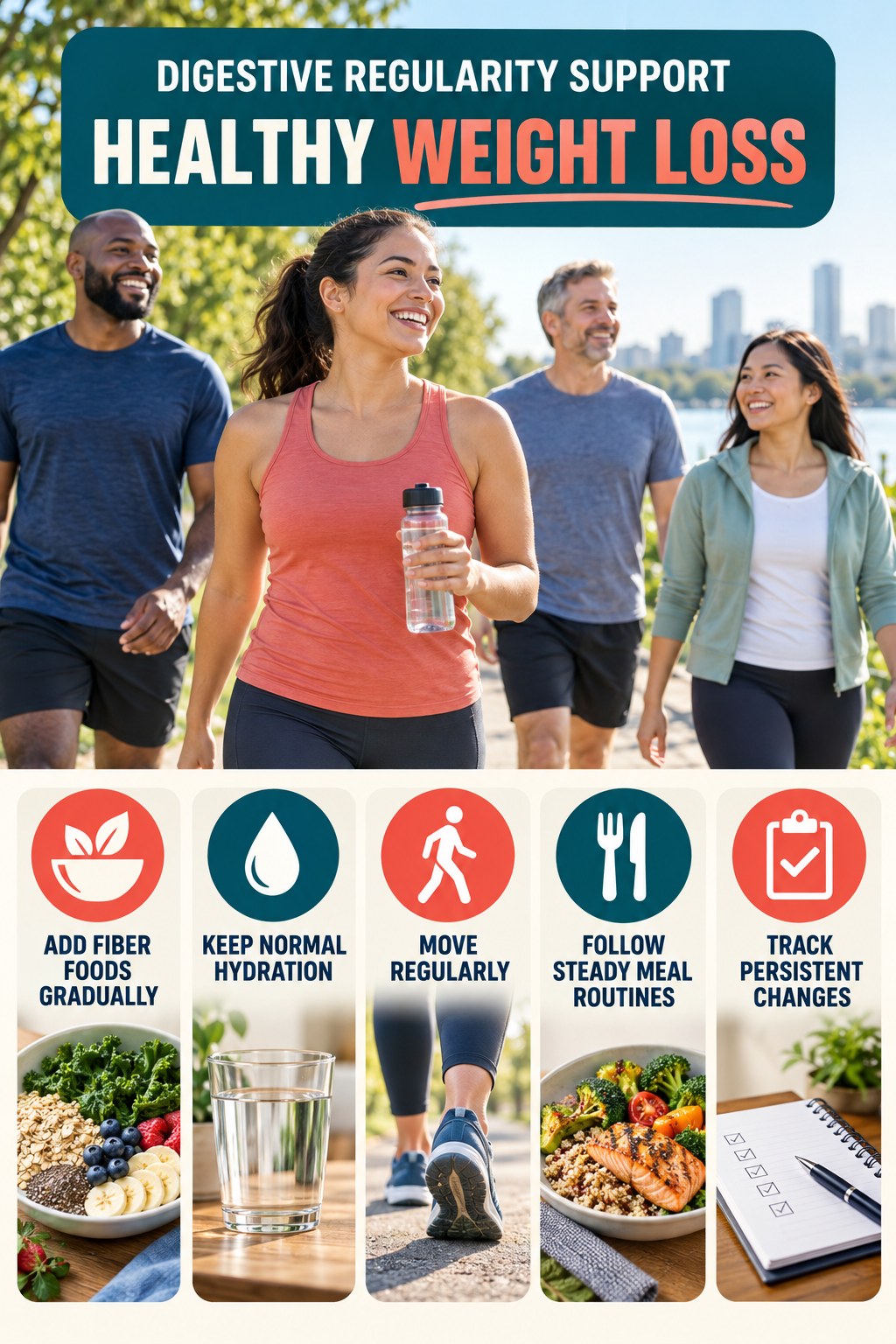 Gentle Everyday Regularity Habits infographic for Healthy Weight Loss with five practical food, hydration, movement, or routine actions and no cleanse claims.
