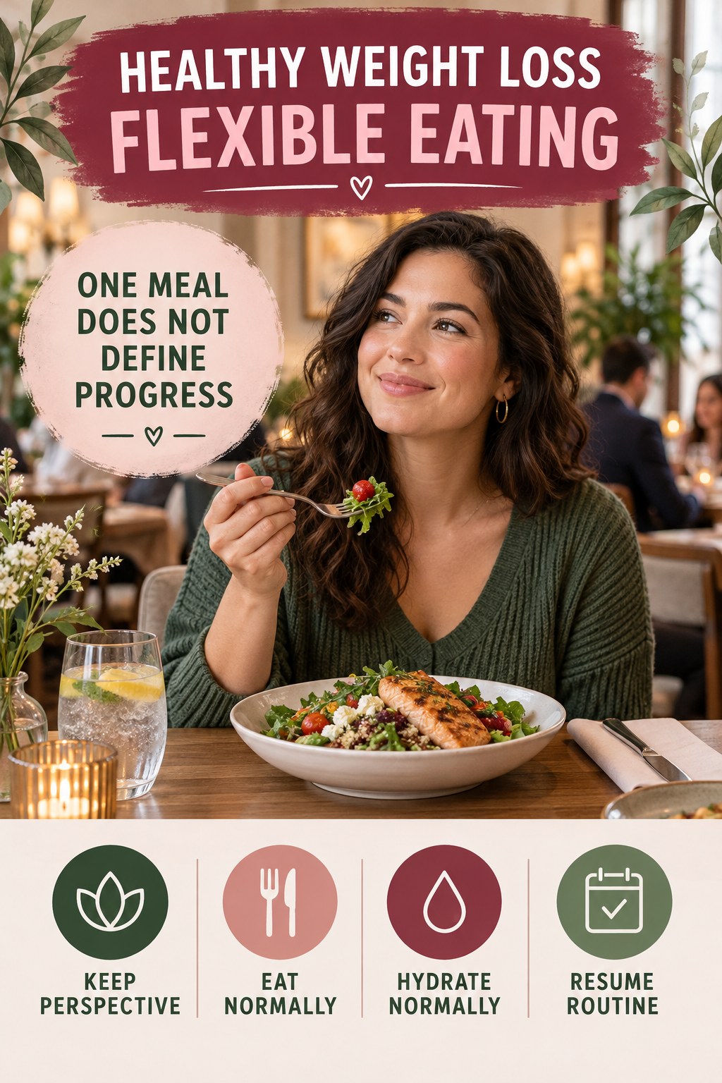 Healthy Weight Loss flexible eating graphic titled One Meal Does Not Define Progress with four practical balance prompts.