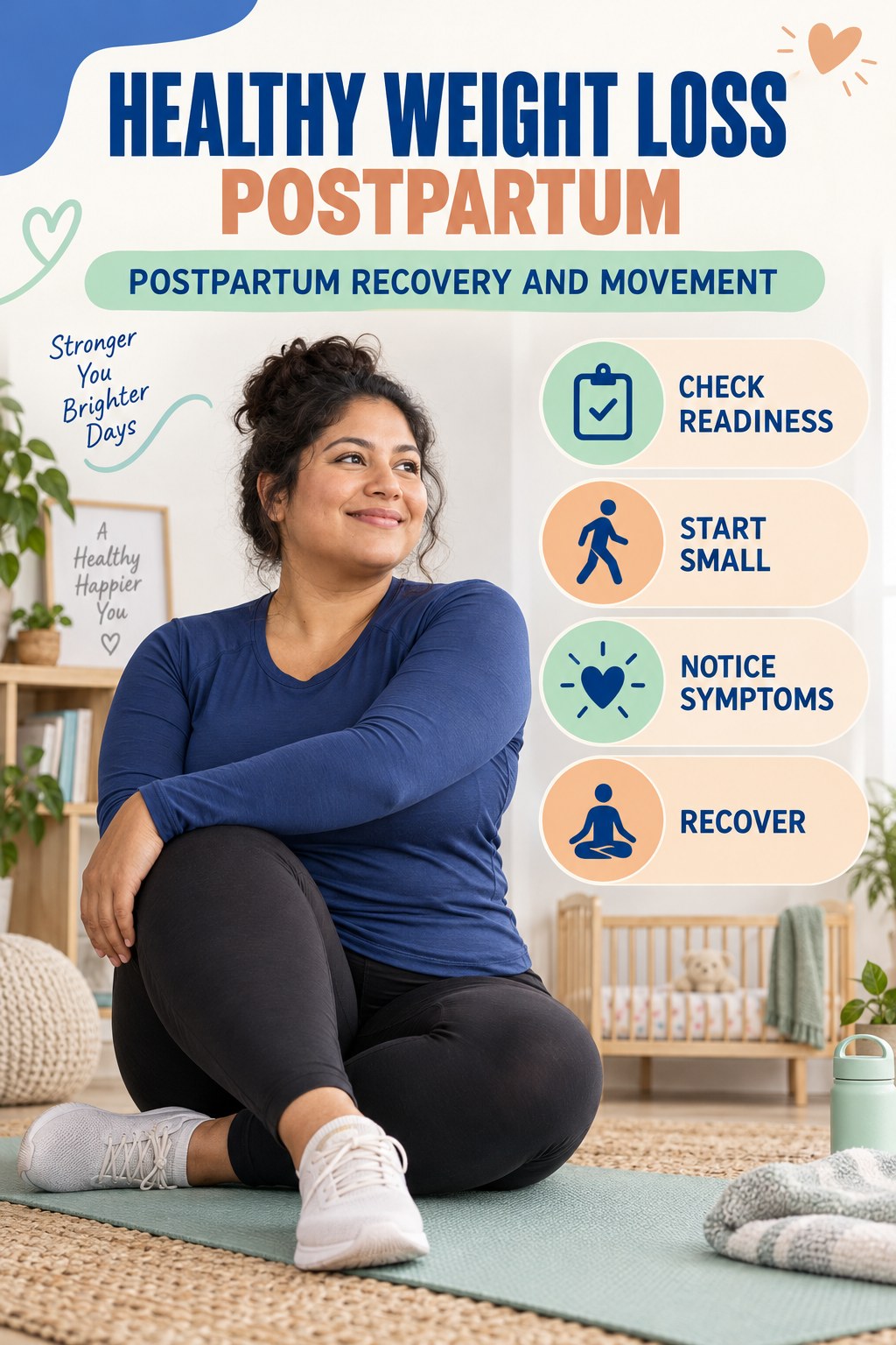 Healthy Weight Loss postpartum graphic titled Postpartum Recovery and Movement with four gradual recovery-aware prompts.