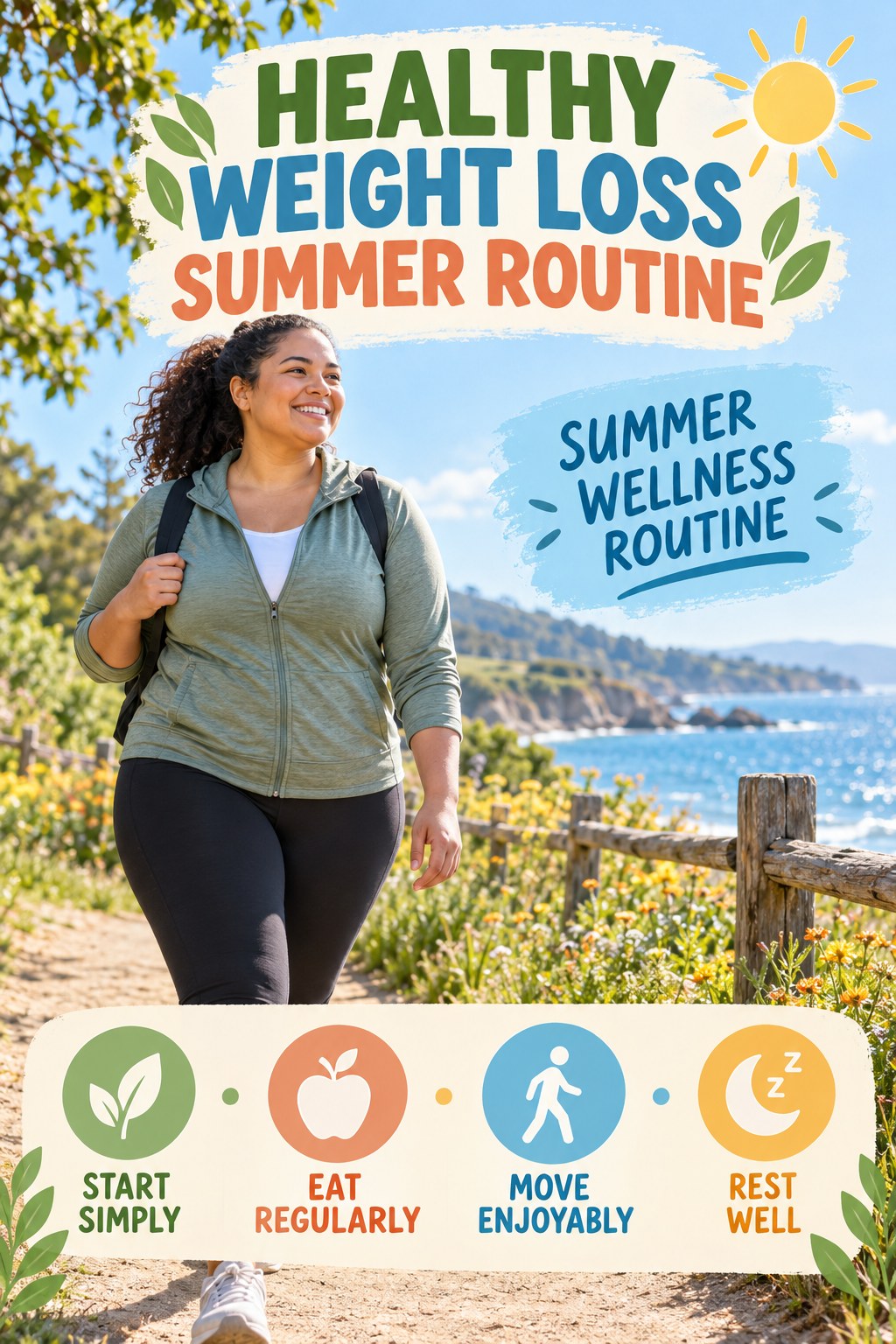Healthy Weight Loss summer routine graphic titled Summer Wellness Routine with four practical wellness prompts.