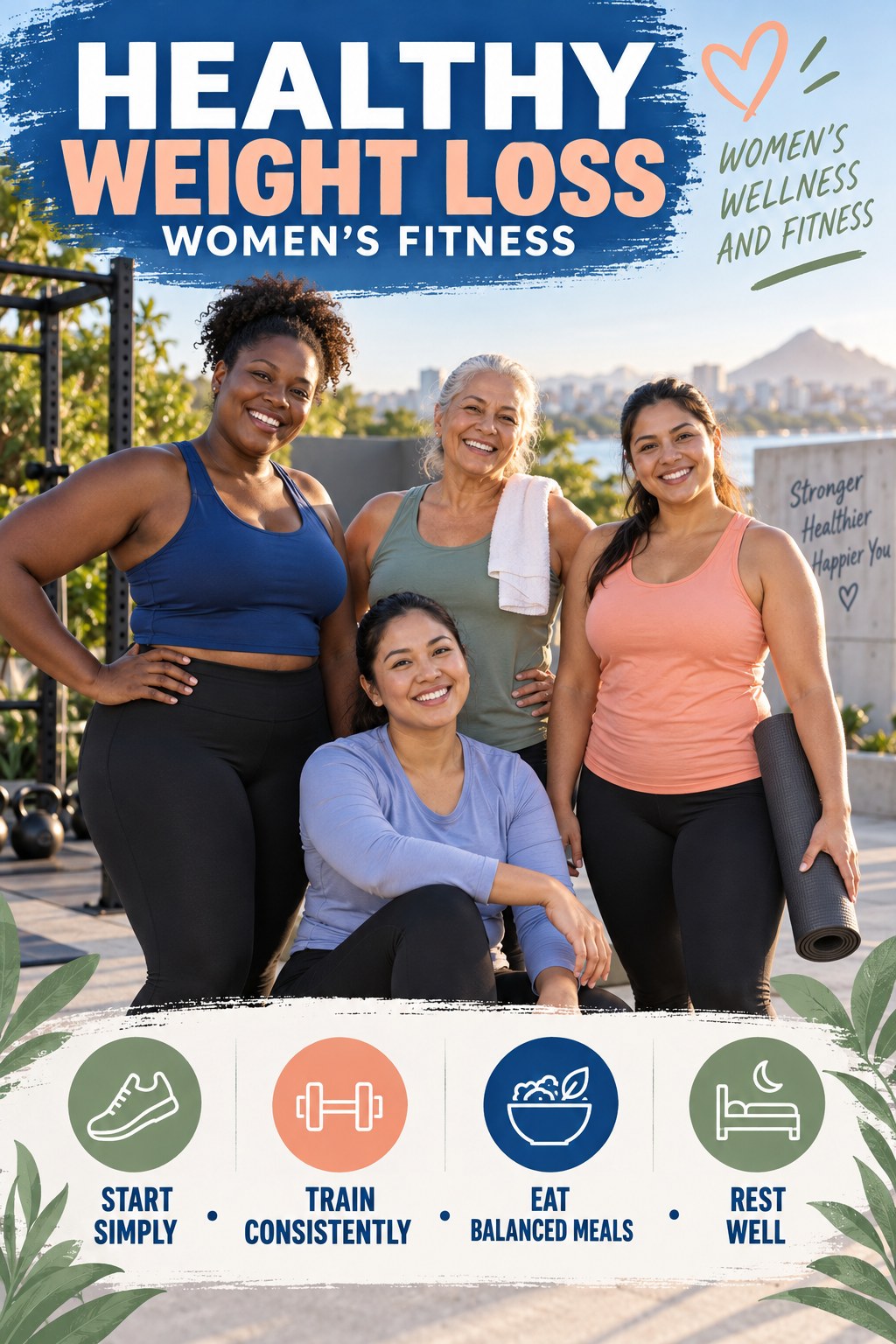 Healthy Weight Loss women’s fitness graphic titled Women’s Wellness and Fitness with four practical training prompts.