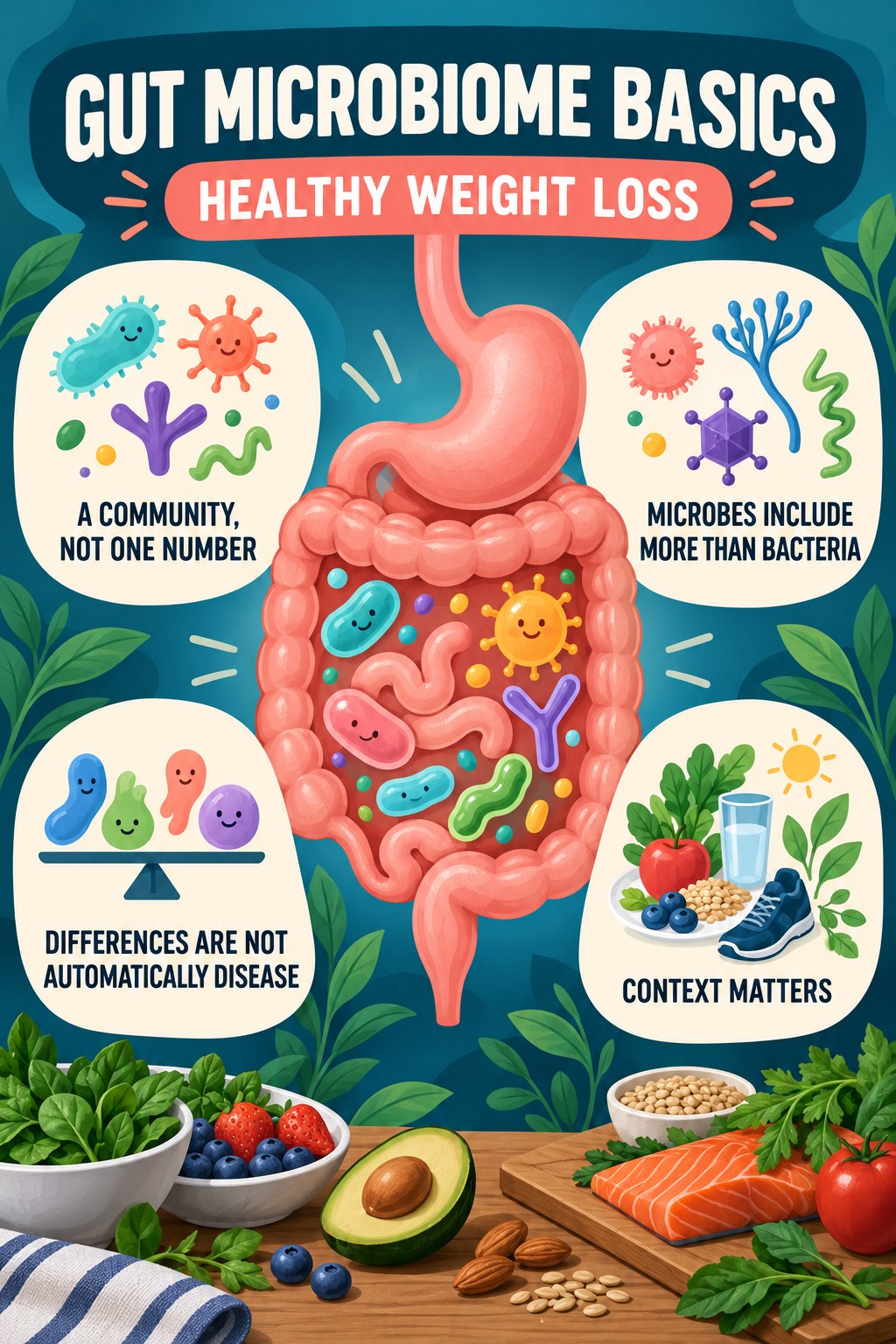 Gut Microbiome Basics Without a Perfect Score educational infographic for Healthy Weight Loss with four evidence-aware points.