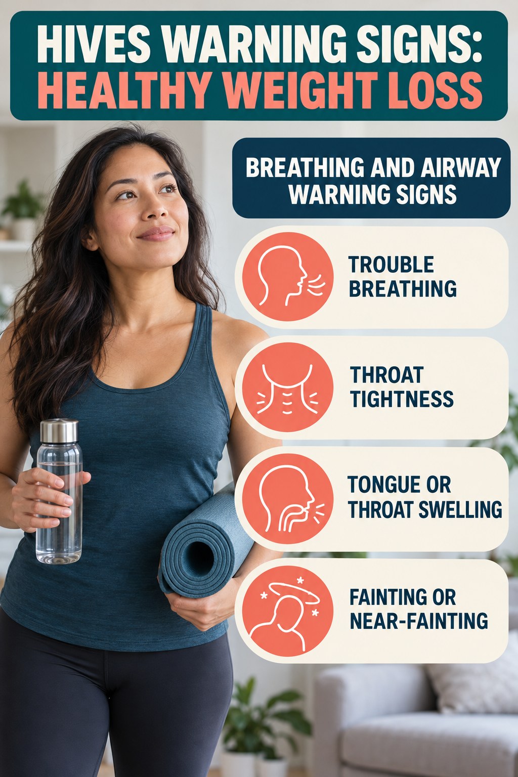 Breathing and Airway Warning Signs infographic for Healthy Weight Loss, highlighting urgent breathing, throat, swelling, fainting, and rapid-progression warning signs without diagnosing hives.
