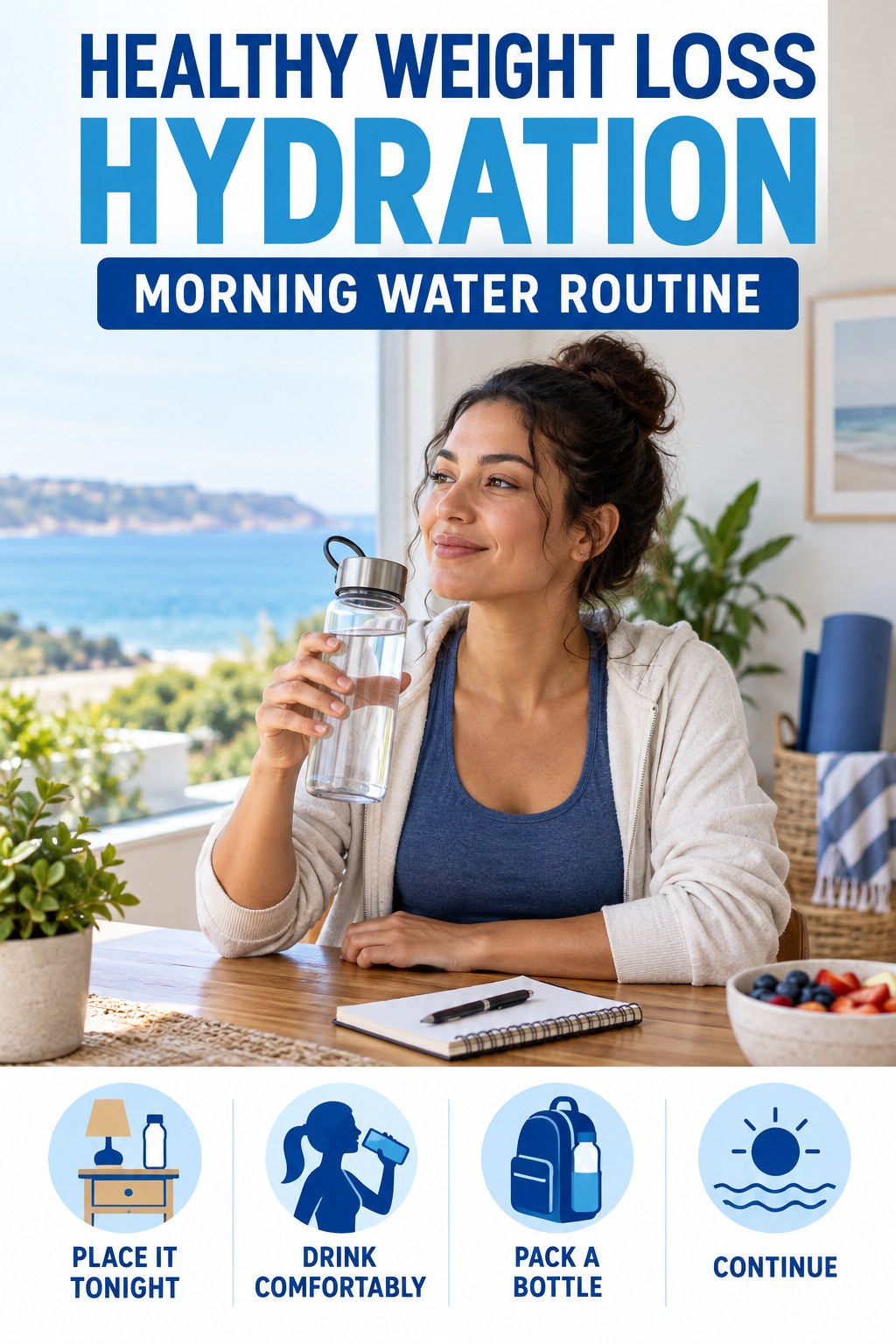 Healthy Weight Loss hydration graphic titled Morning Water Routine with four flexible water-habit prompts and no fixed intake target.