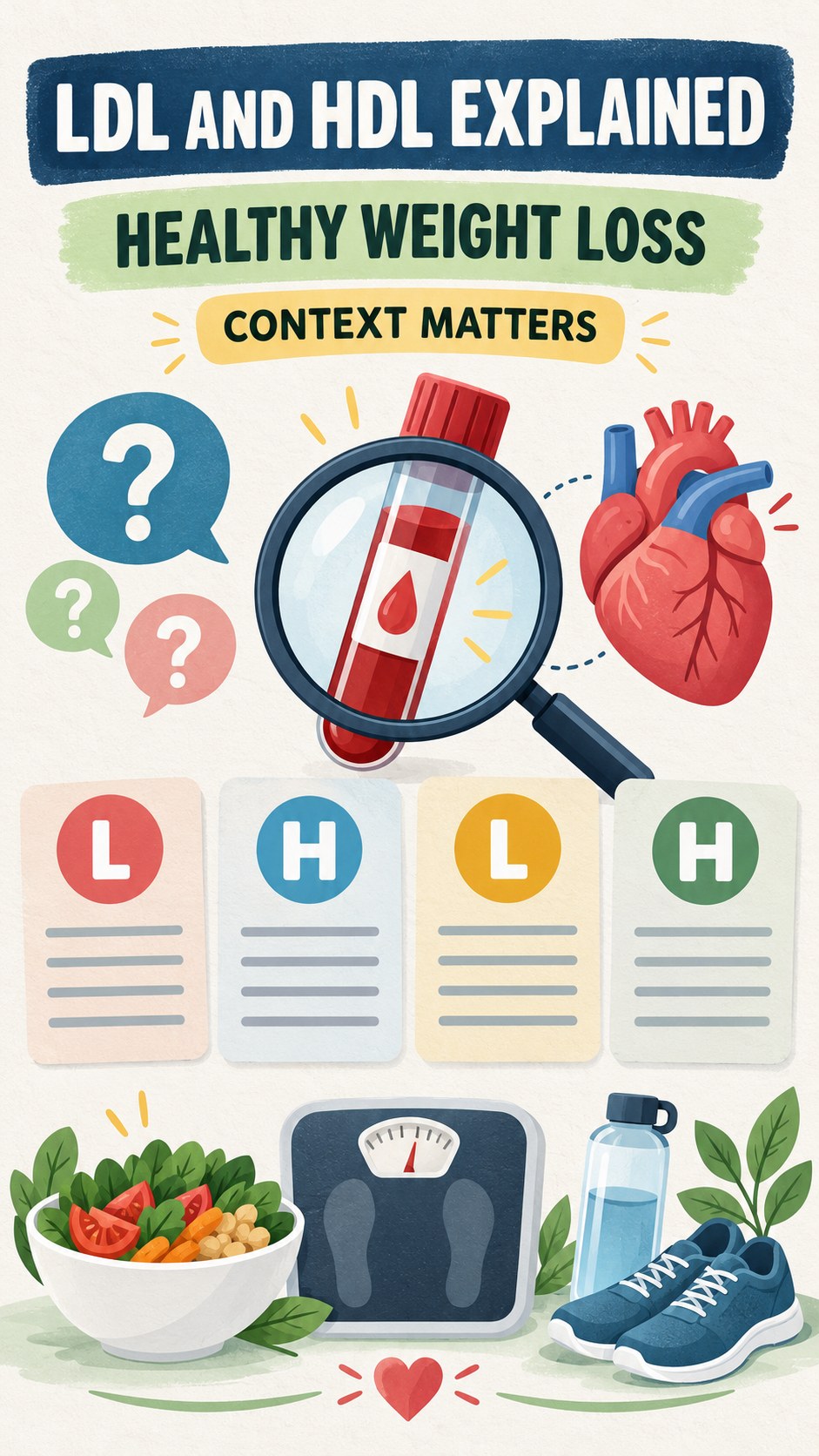 LDL and HDL Context Guide infographic for Healthy Weight Loss, using a non-numerical educational lipid-panel layout with question and context icons.