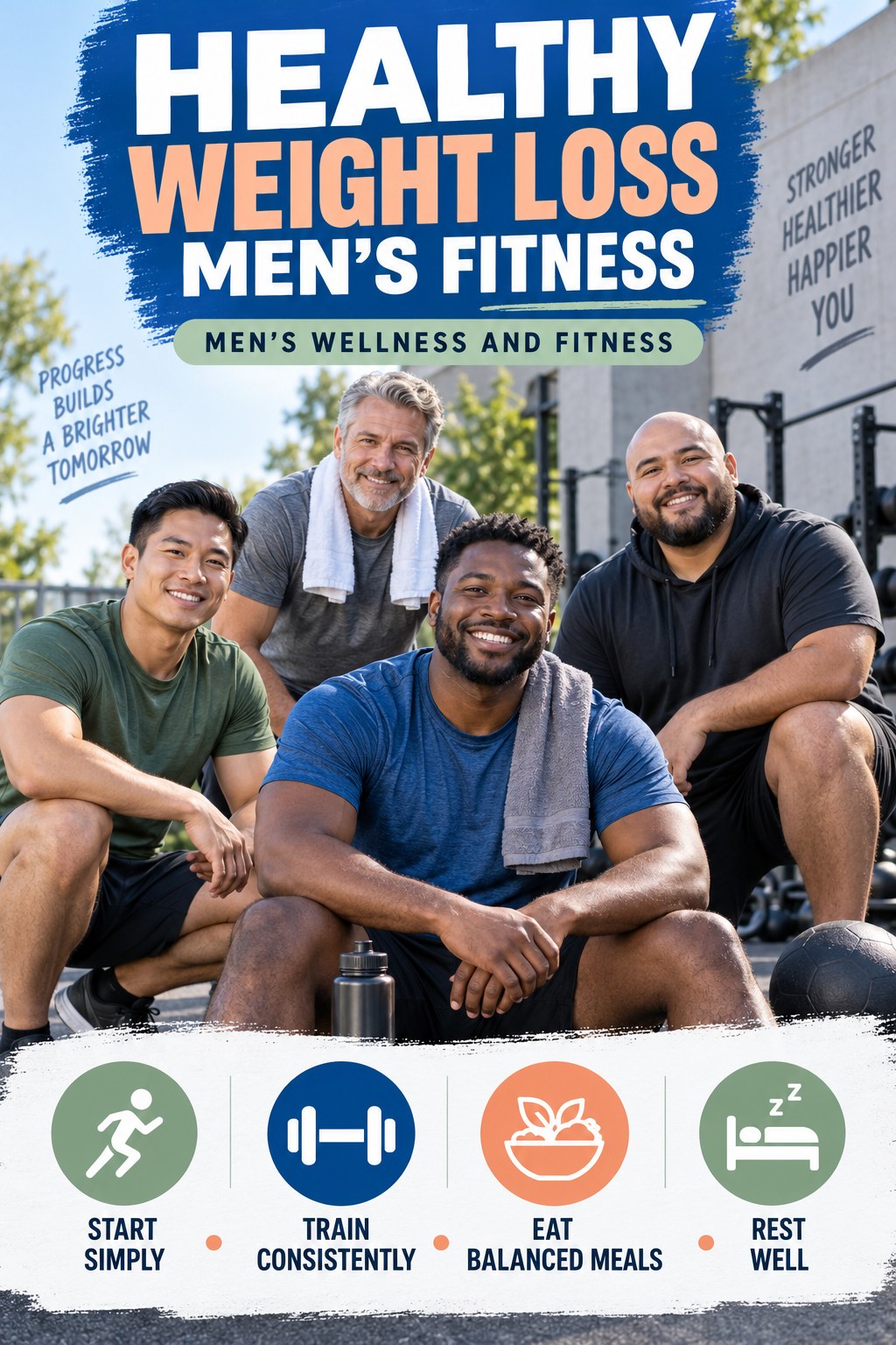 Healthy Weight Loss men’s fitness graphic titled Men’s Wellness and Fitness with four practical training prompts.