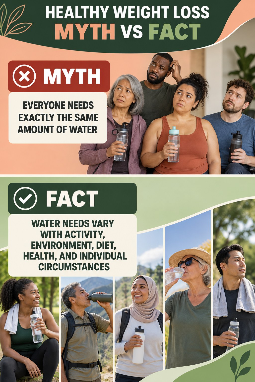 Healthy Weight Loss Myth vs Fact graphic correcting the misconception about hydration needs.