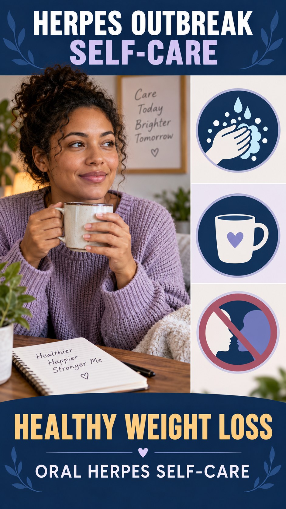 Oral Herpes Self-Care Guide infographic for Healthy Weight Loss, presenting respectful oral herpes comfort, hygiene, and safety education.