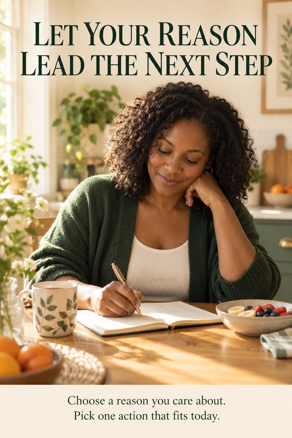 Adult writing in a notebook at a bright kitchen table beside a simple breakfast.