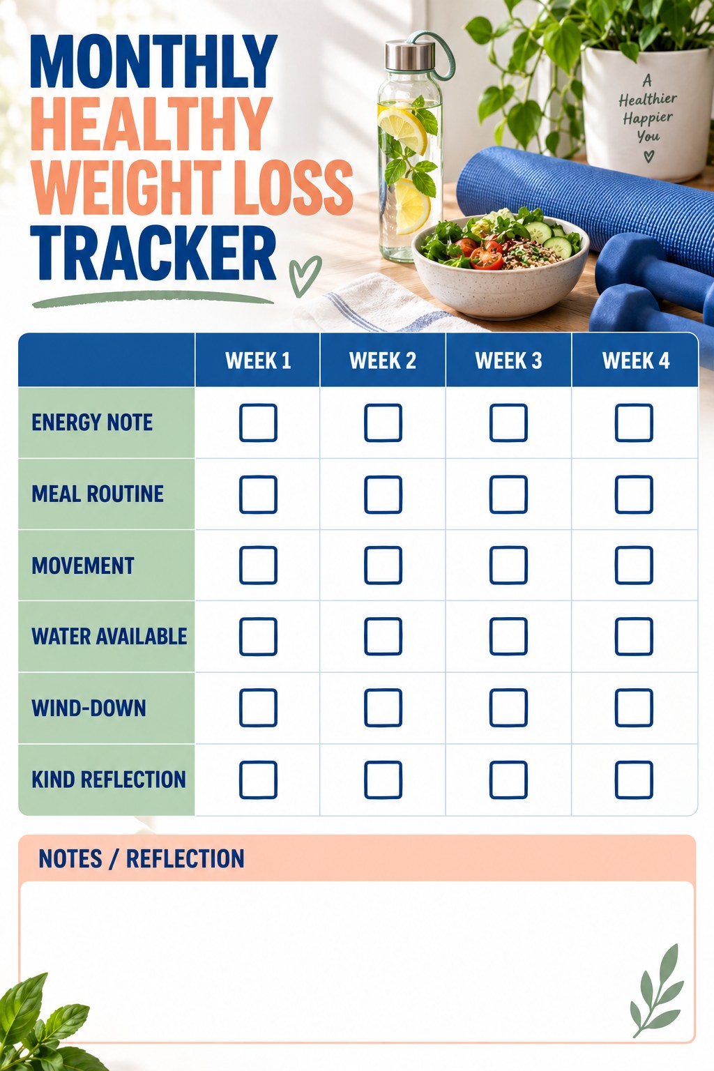 Monthly Healthy Weight Loss printable-style tracker graphic with six labeled rows, empty checkboxes, and a reflection area.