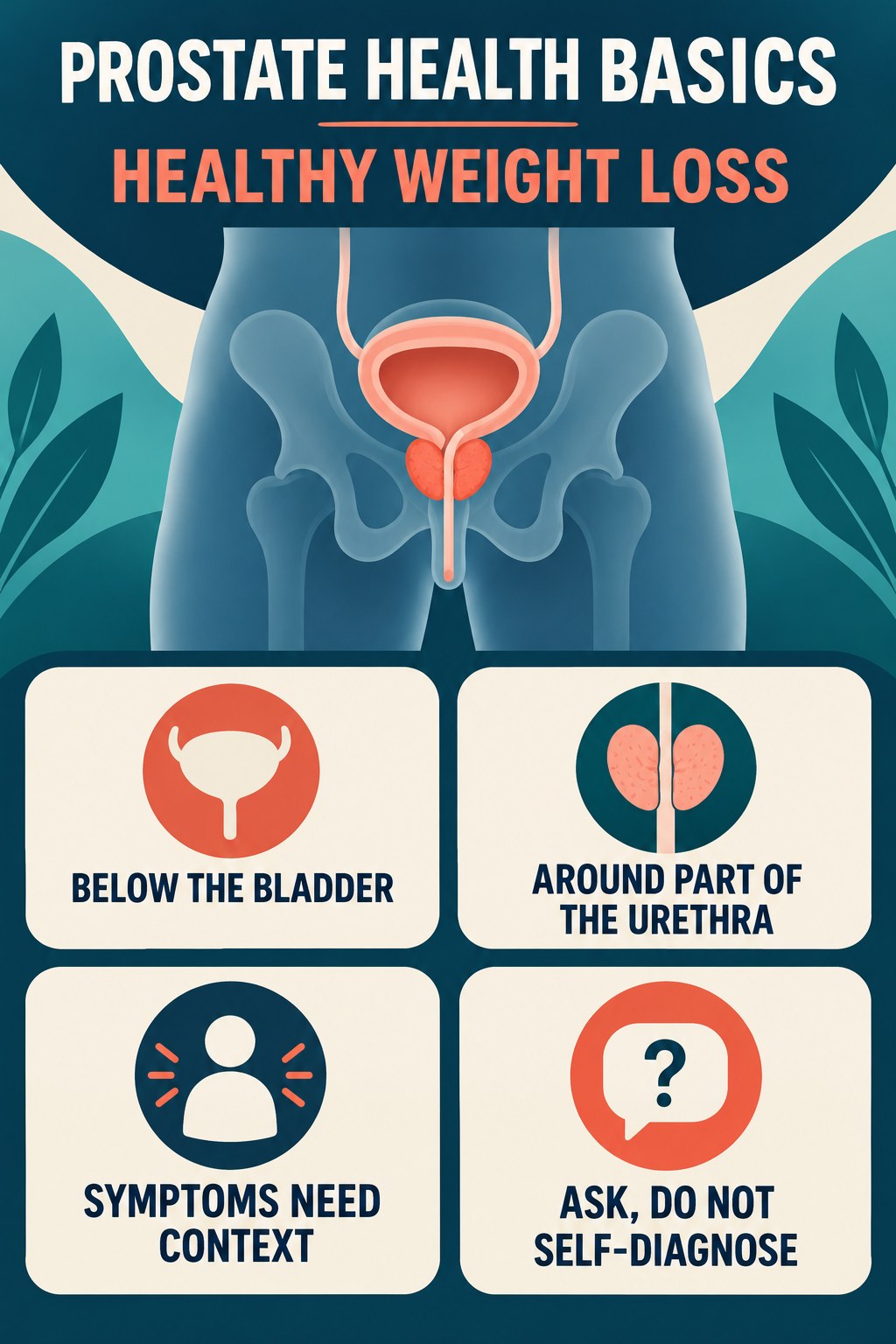 Prostate Anatomy Without Myths infographic for Healthy Weight Loss with four concise prostate-health awareness points.