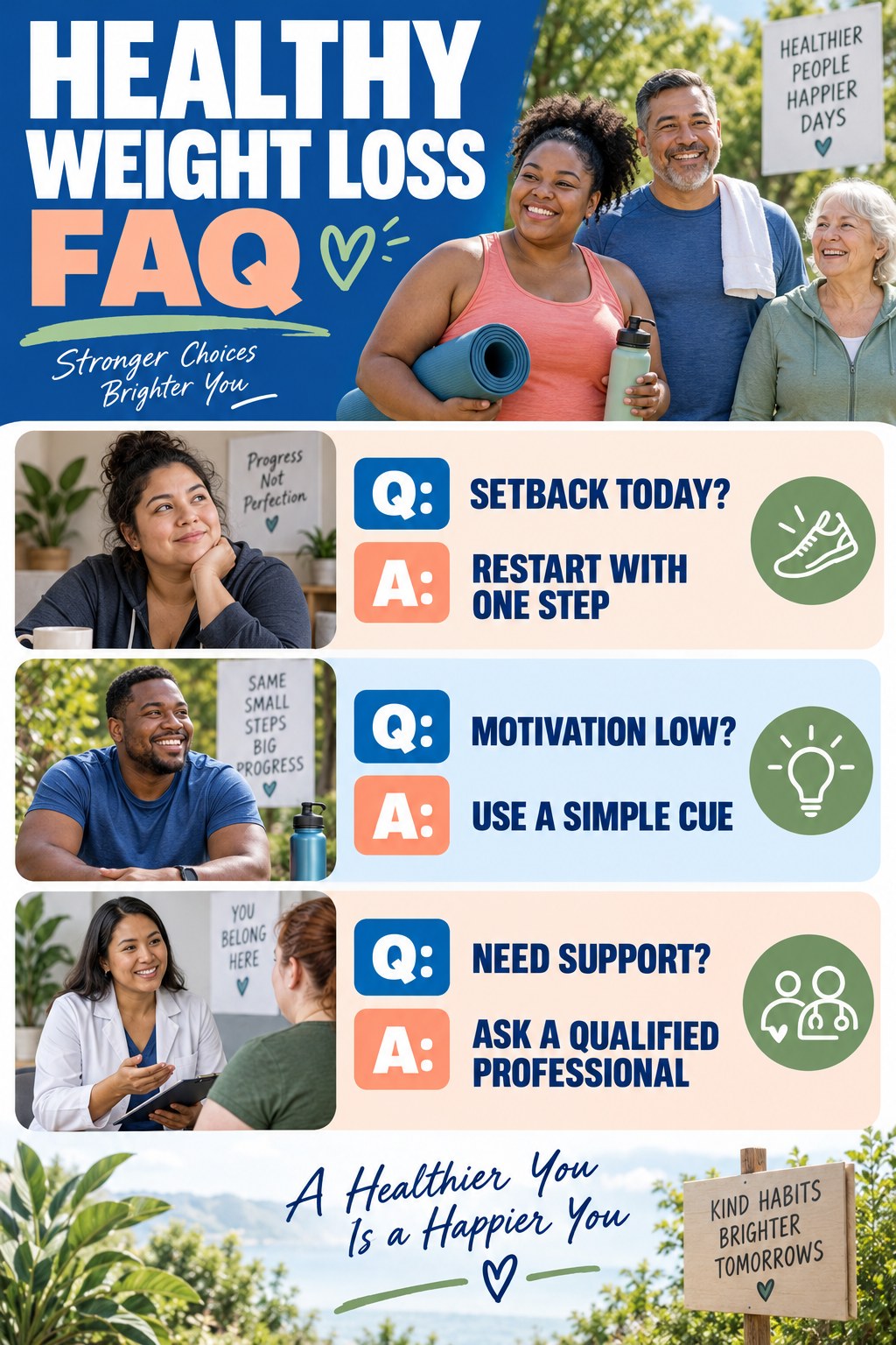 Healthy Weight Loss FAQ graphic with three concise questions and practical answers for beginners.