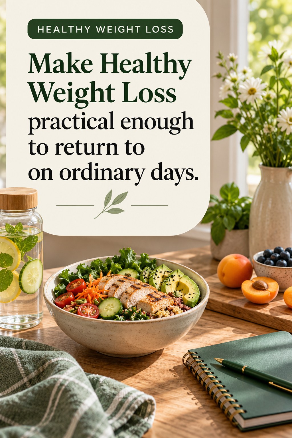 Original Healthy Weight Loss quote graphic reading “Make Healthy Weight Loss practical enough to return to on ordinary days.” in a board-relevant editorial design.