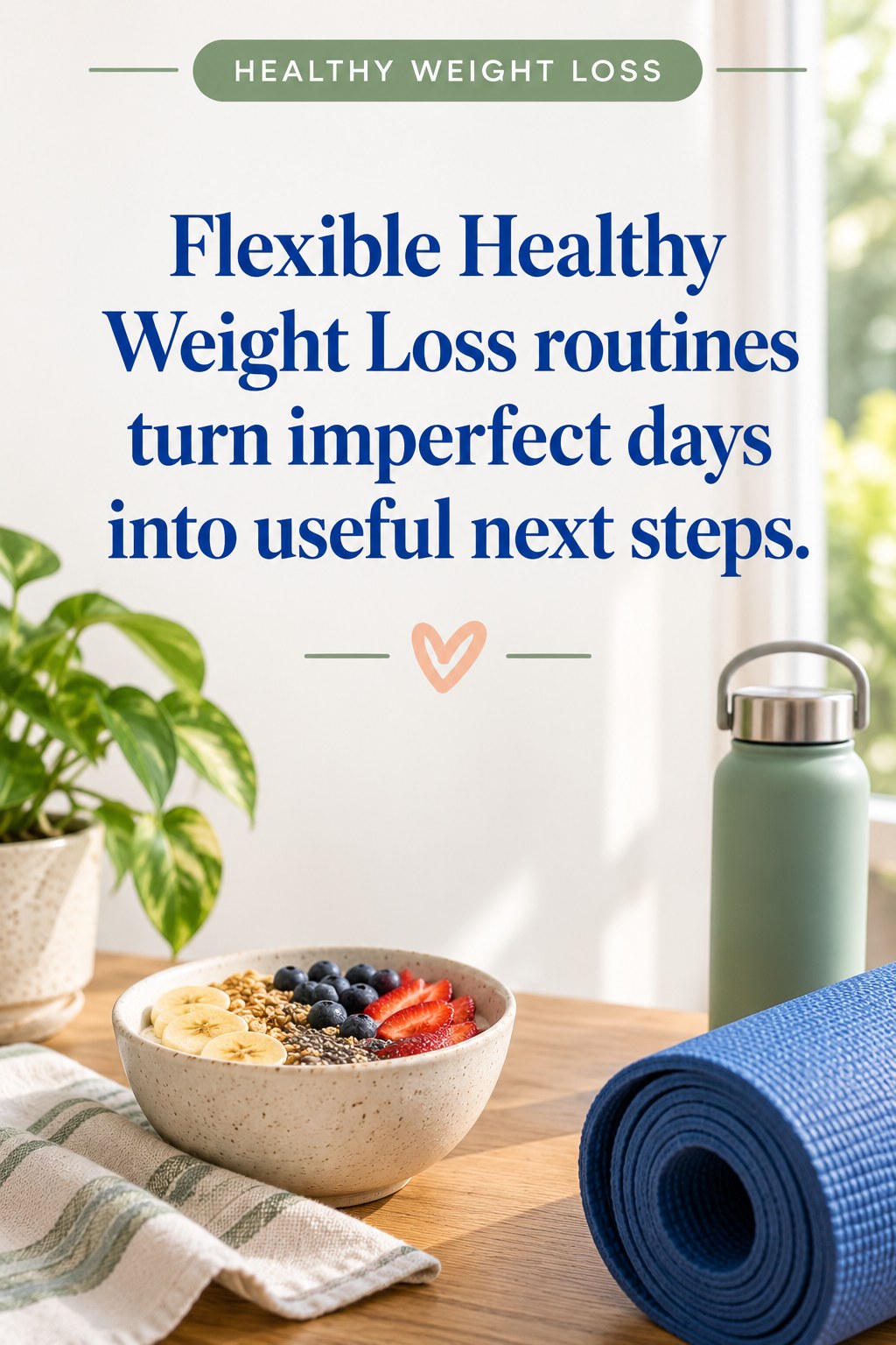 Original Healthy Weight Loss quote graphic reading “Flexible Healthy Weight Loss routines turn imperfect days into useful next steps.” in a board-relevant editorial design.