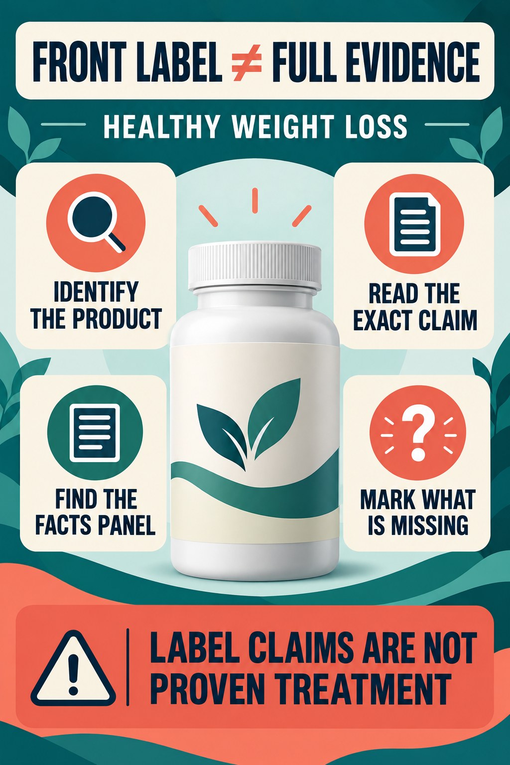 Read the Front Label Without Overreading It prostate supplement label-literacy infographic for Healthy Weight Loss with four careful reading points.