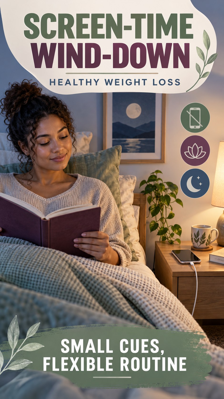 Screen-Time Wind-Down infographic for Healthy Weight Loss, showing a flexible and calming evening wellness routine.