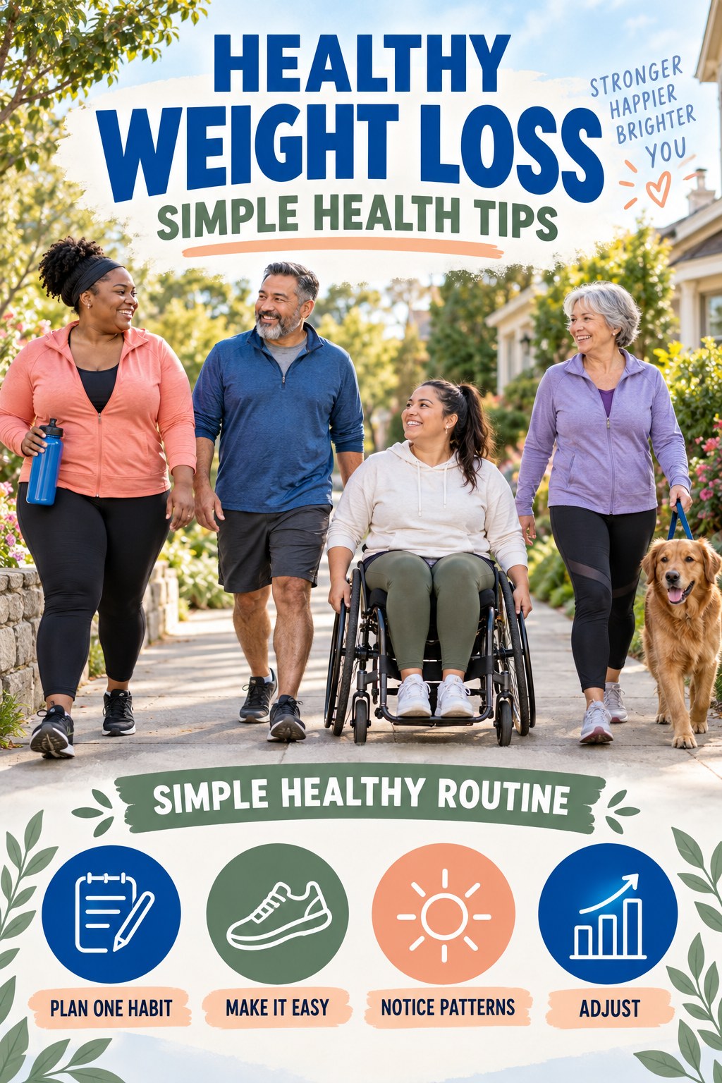 Healthy Weight Loss simple-health graphic titled Simple Healthy Routine with four practical wellness prompts.