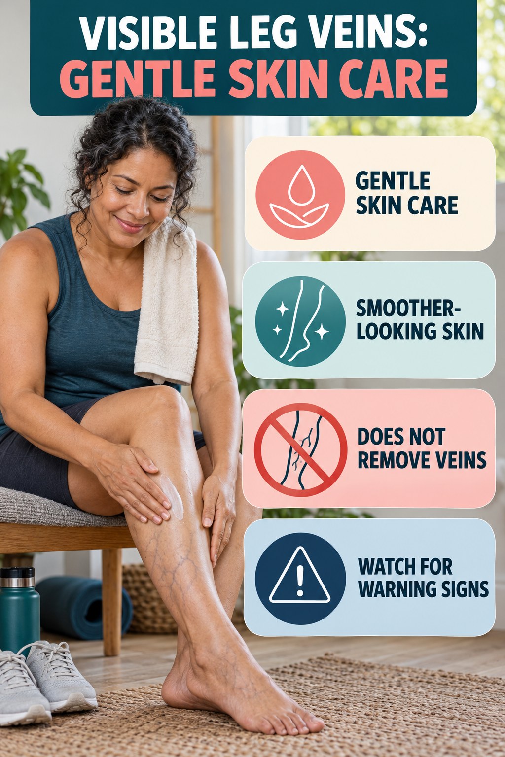 Gentle Skin Care infographic for Healthy Weight Loss, showing body-neutral visible-leg-vein appearance care and the boundary between temporary cosmetic support and treatment.