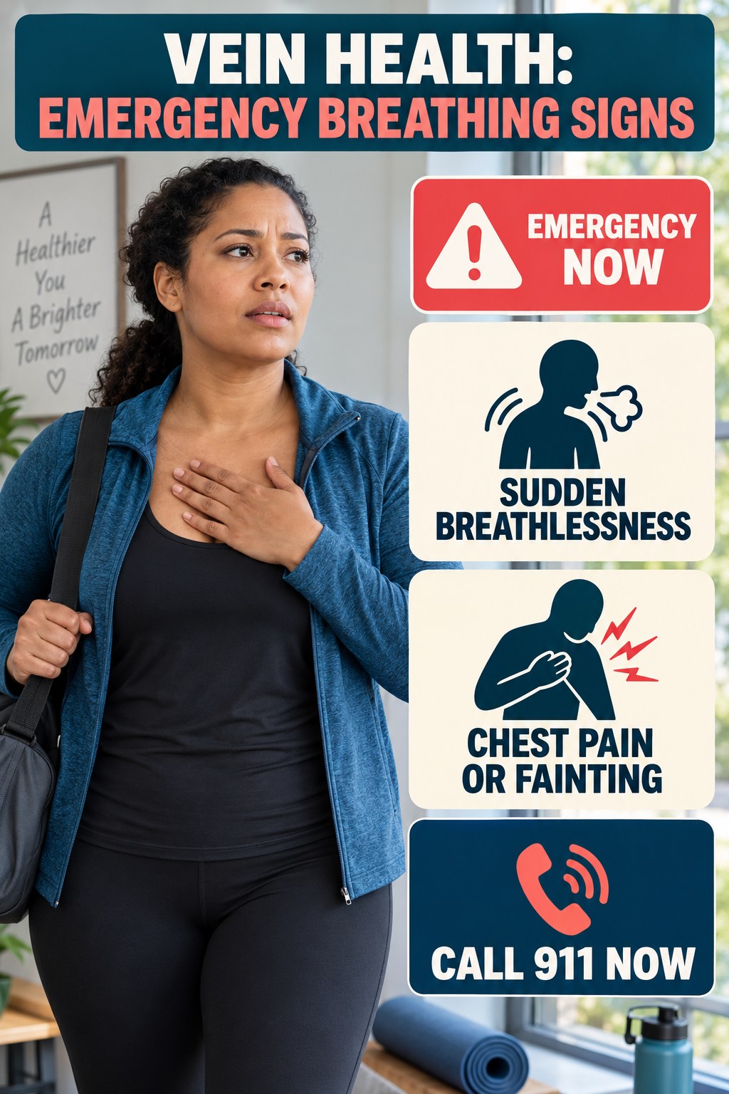 Emergency Breathing Signs infographic for Healthy Weight Loss, explaining vein-health warning signs and the appropriate next action without diagnosing a condition.